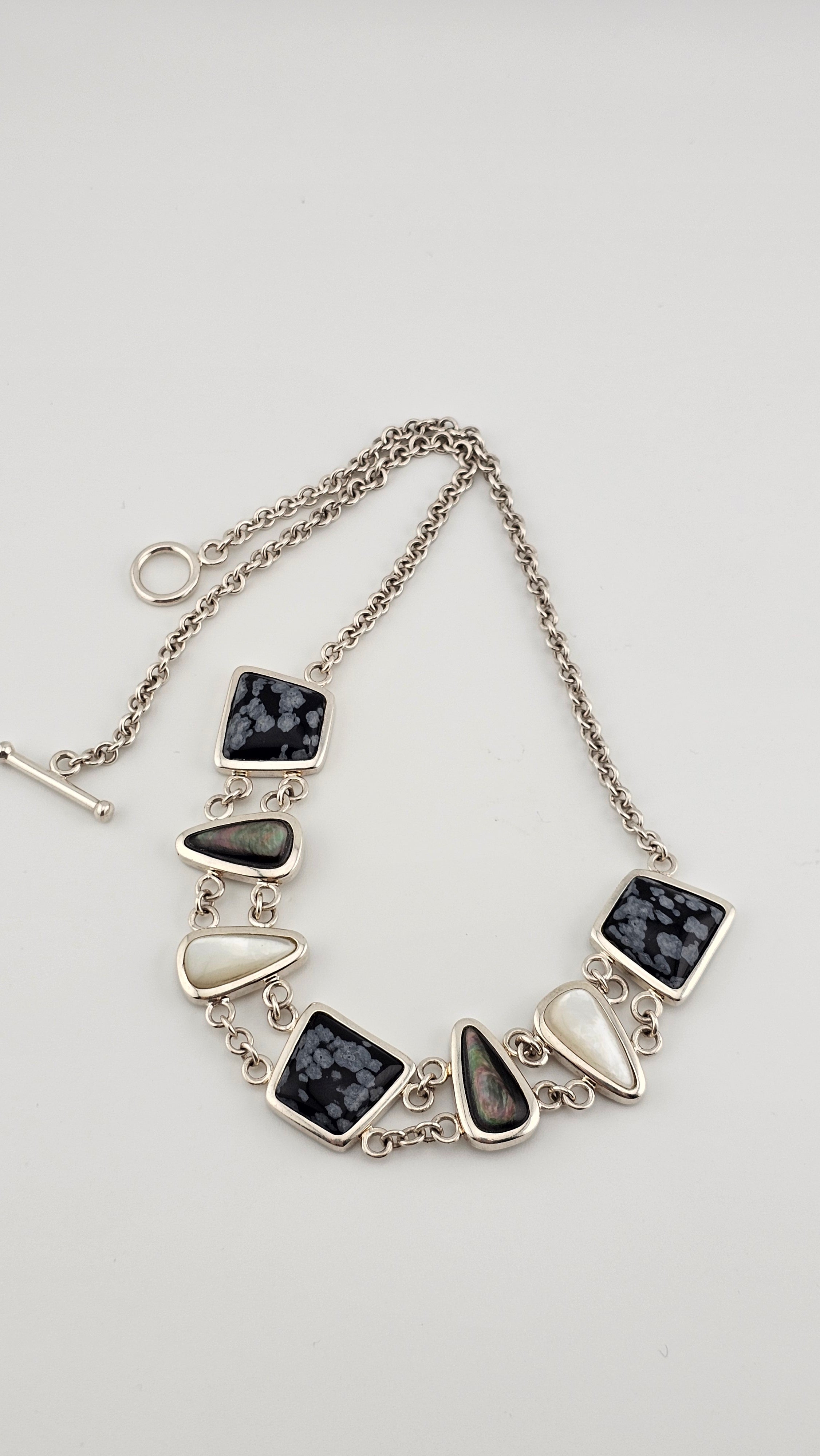 Vintage 925 Sterling Silver T Bar Necklace Featuring Snowflake Obsidian and Mother of Pearl