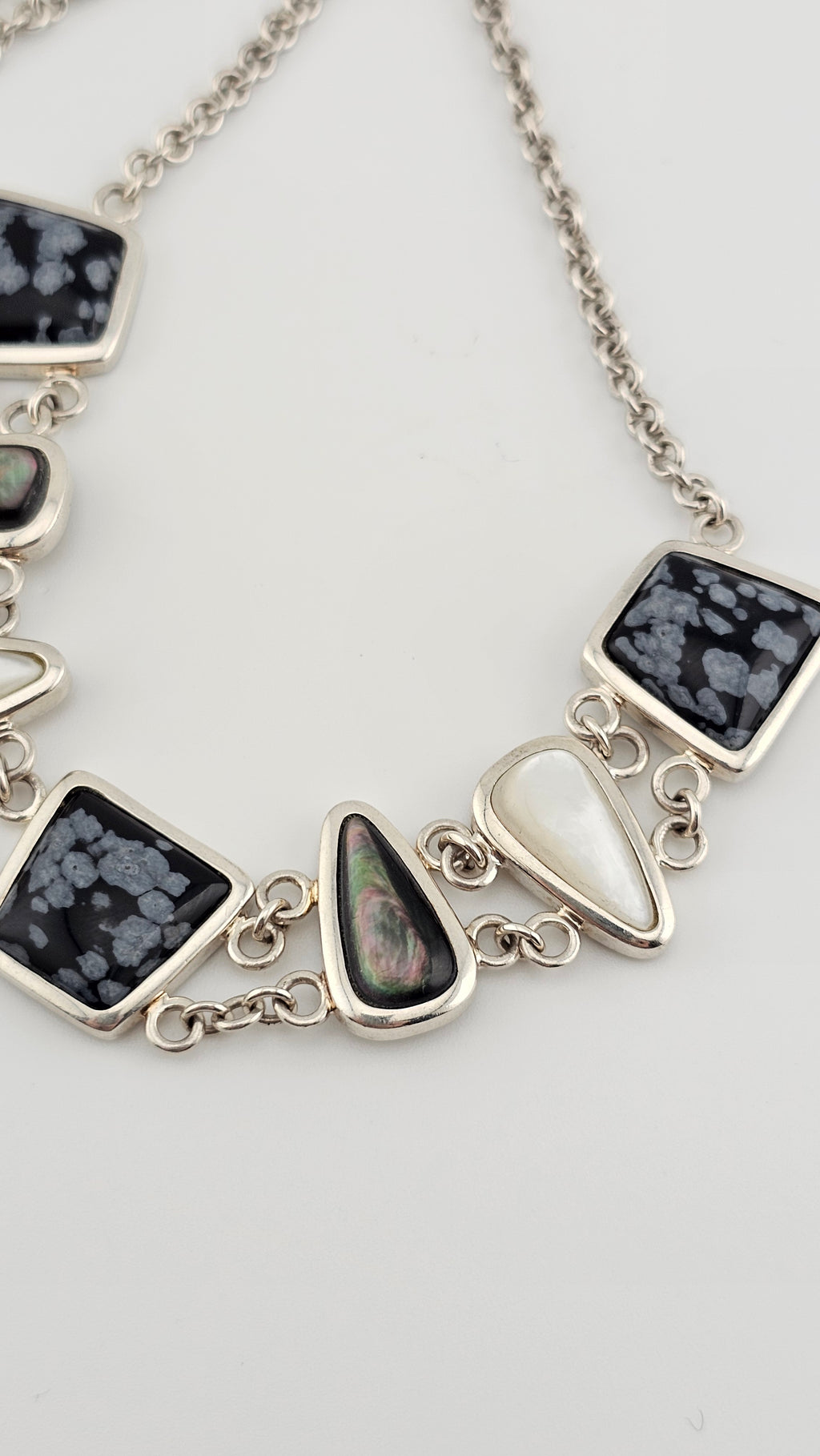 Vintage 925 Sterling Silver T Bar Necklace Featuring Snowflake Obsidian and Mother of Pearl