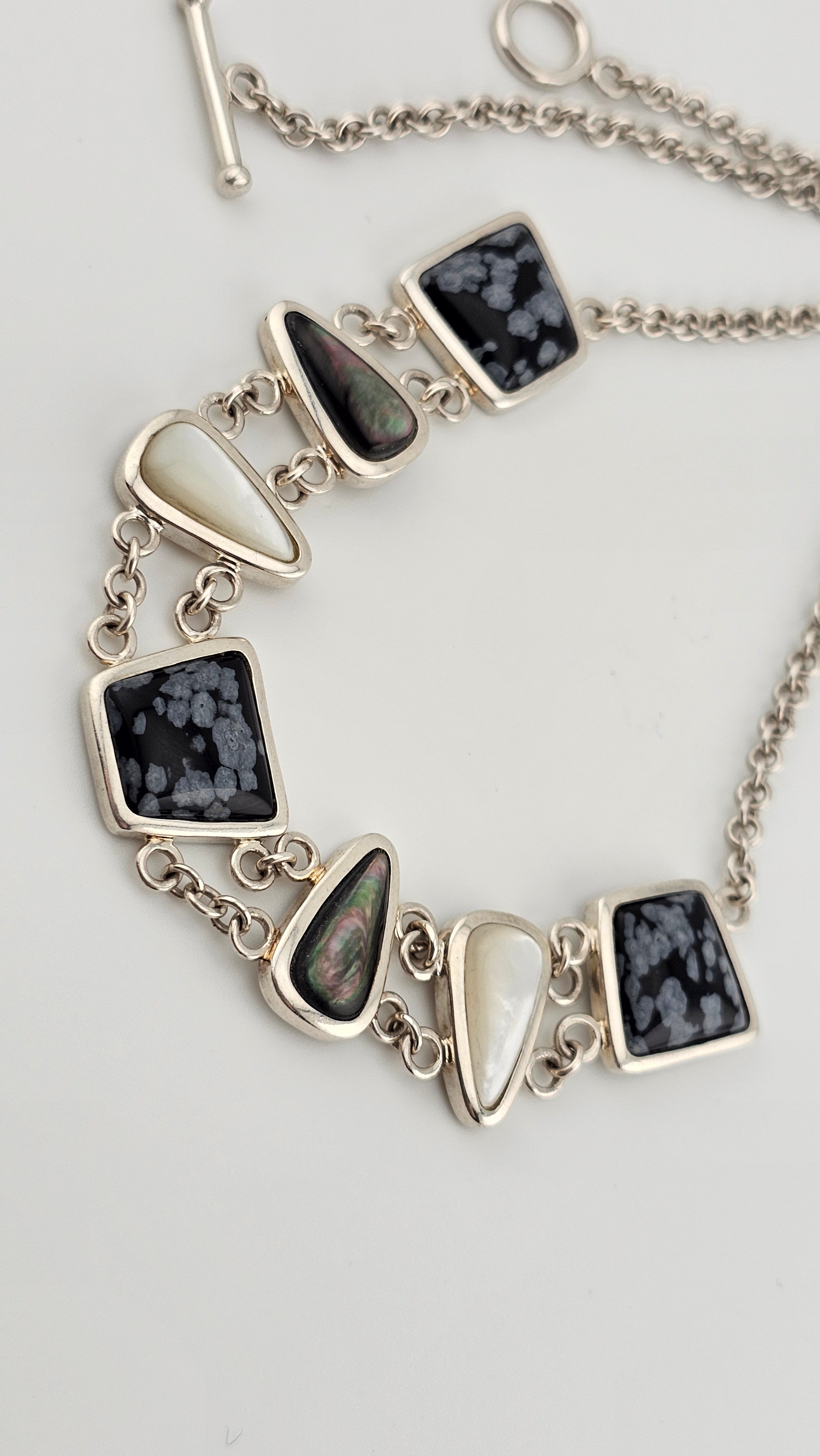 Vintage 925 Sterling Silver T Bar Necklace Featuring Snowflake Obsidian and Mother of Pearl