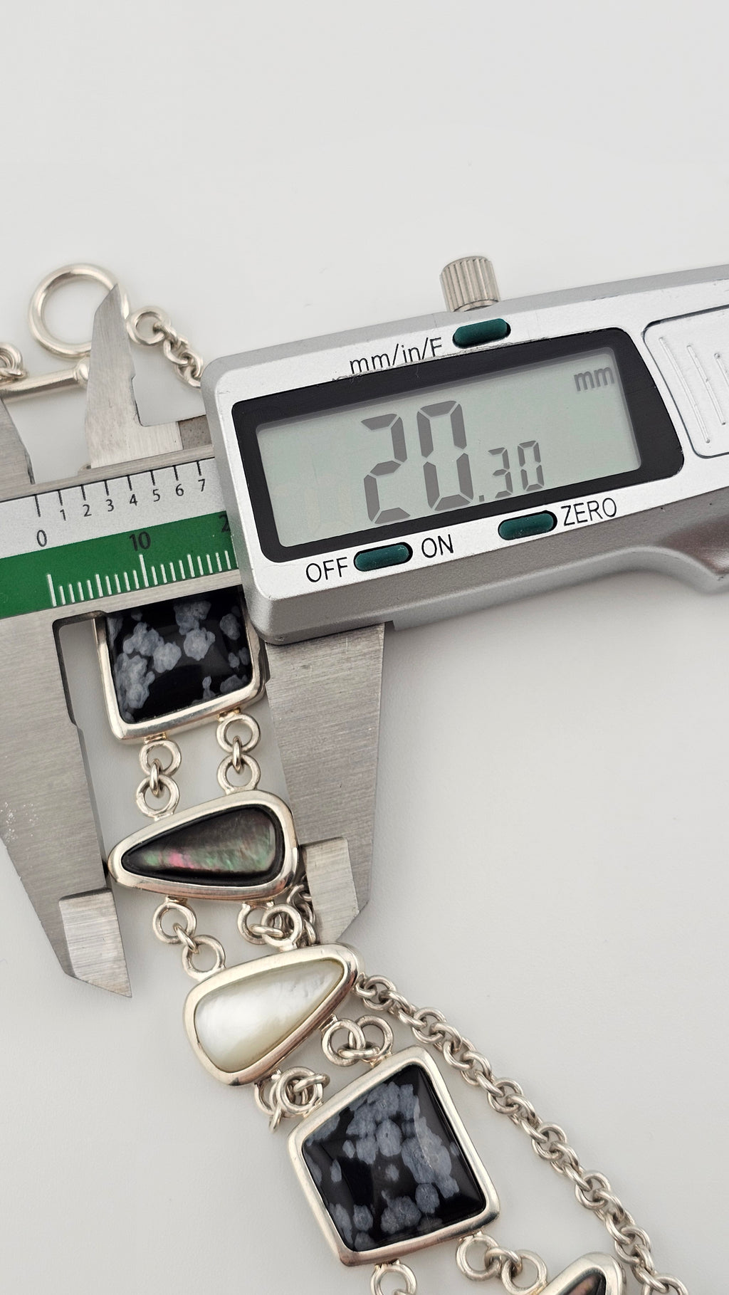 Vintage 925 Sterling Silver T Bar Necklace Featuring Snowflake Obsidian and Mother of Pearl