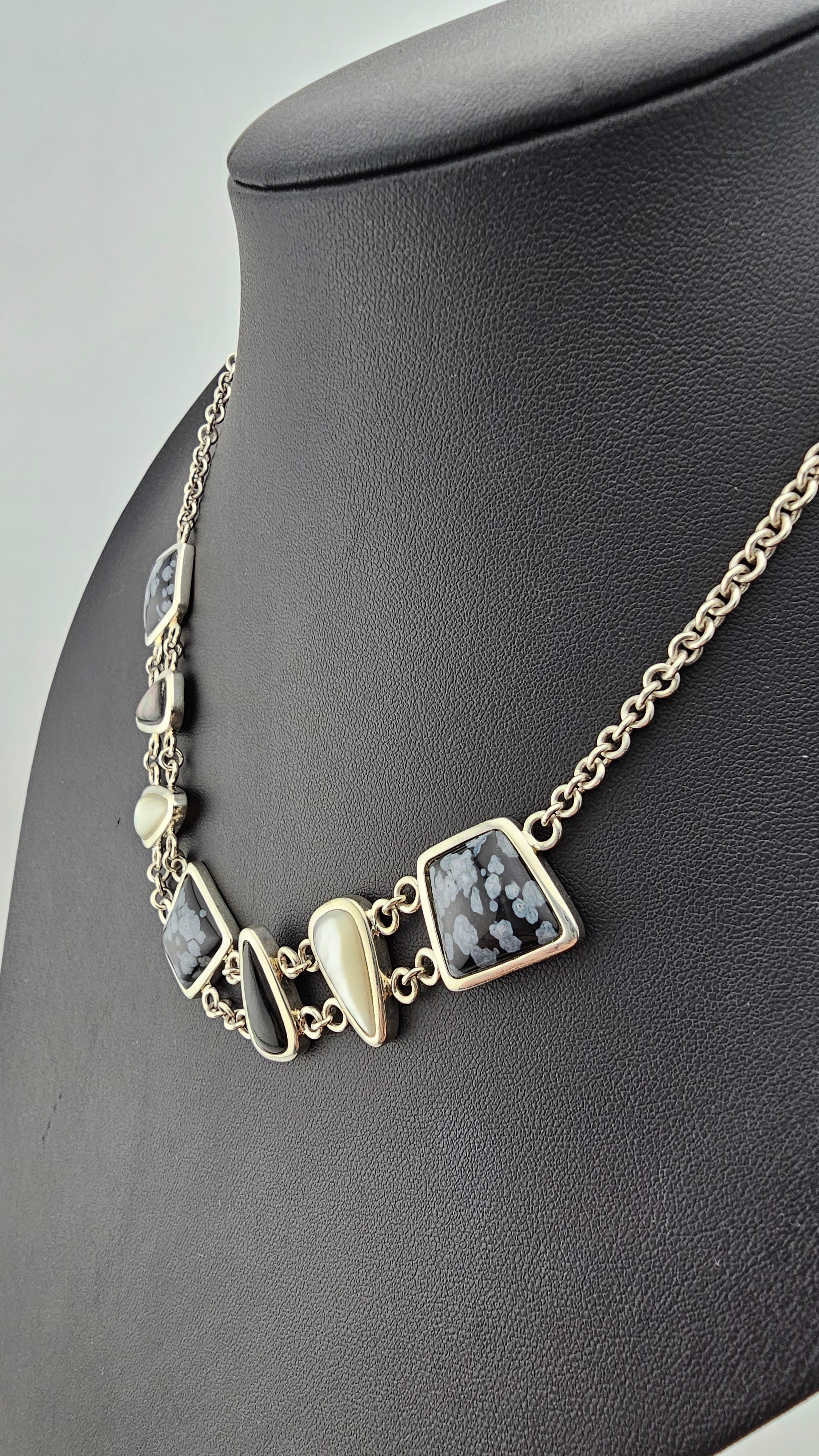 Vintage 925 Sterling Silver T Bar Necklace Featuring Snowflake Obsidian and Mother of Pearl