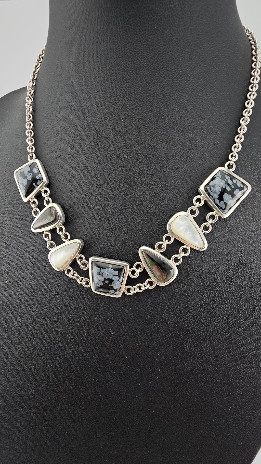 Vintage 925 Sterling Silver T Bar Necklace Featuring Snowflake Obsidian and Mother of Pearl