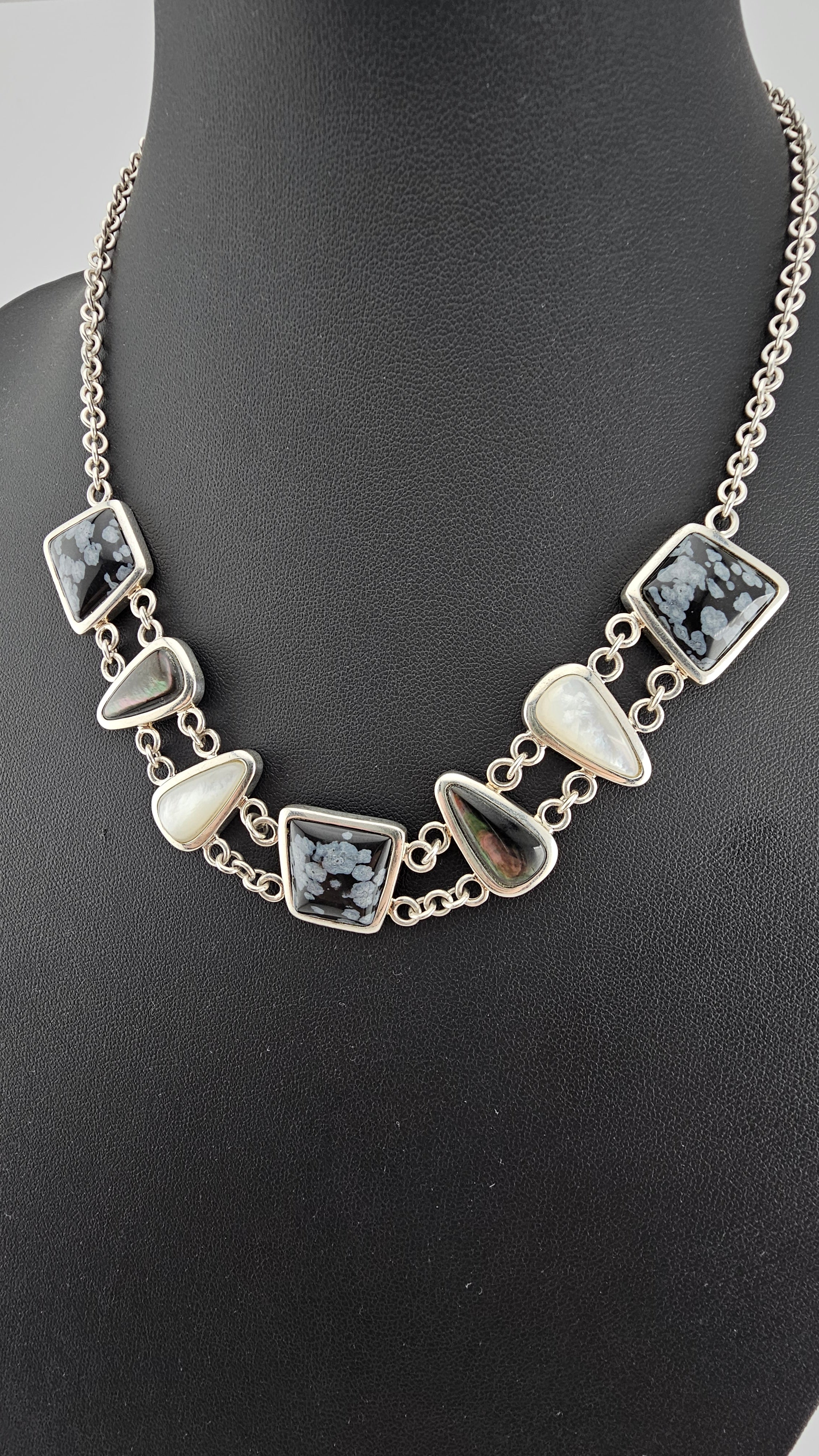 Vintage 925 Sterling Silver T Bar Necklace Featuring Snowflake Obsidian and Mother of Pearl