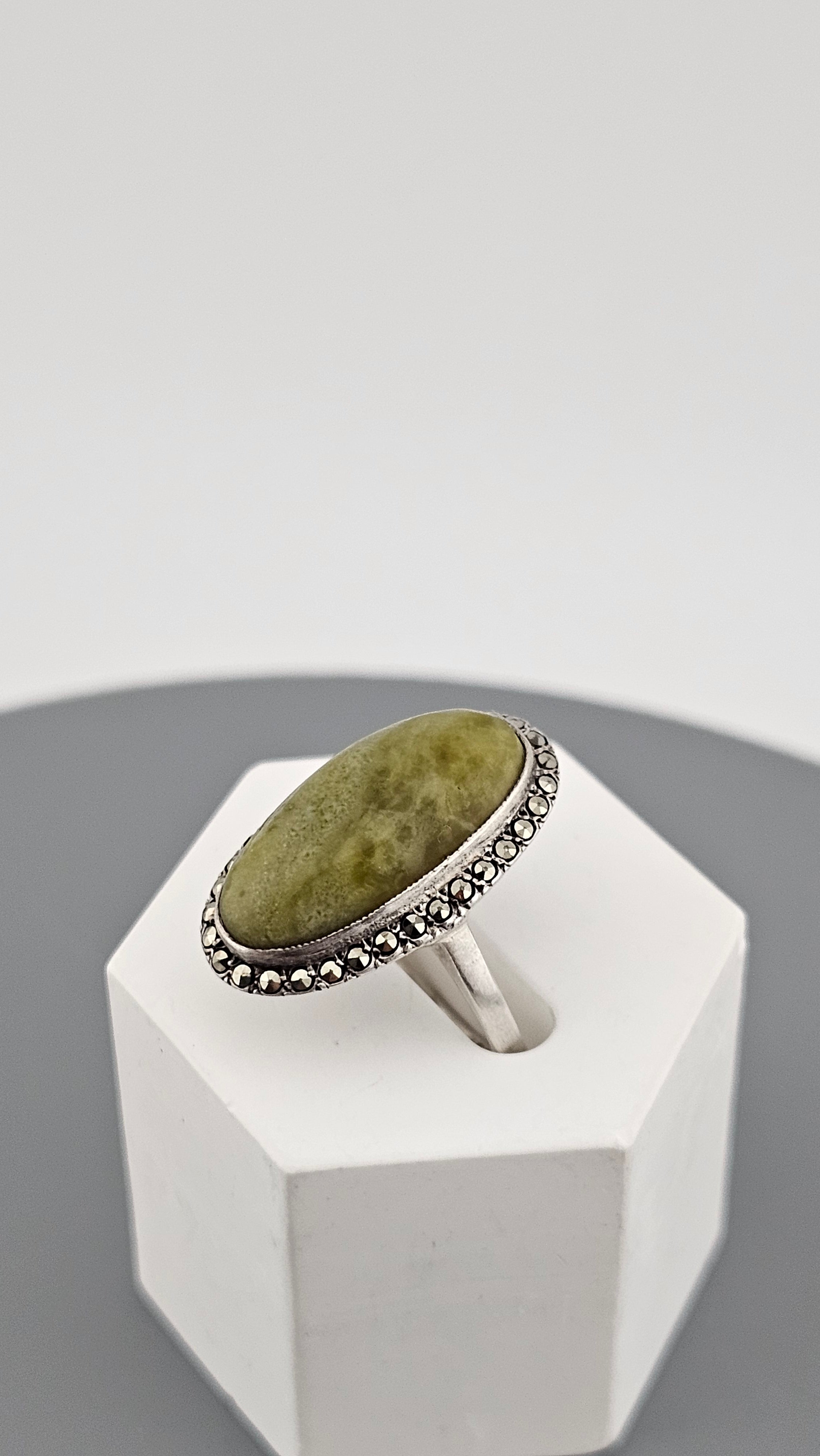 Vintage 1966 Sterling Silver Ring Featuring Connemara Marble and Marcasites , size L