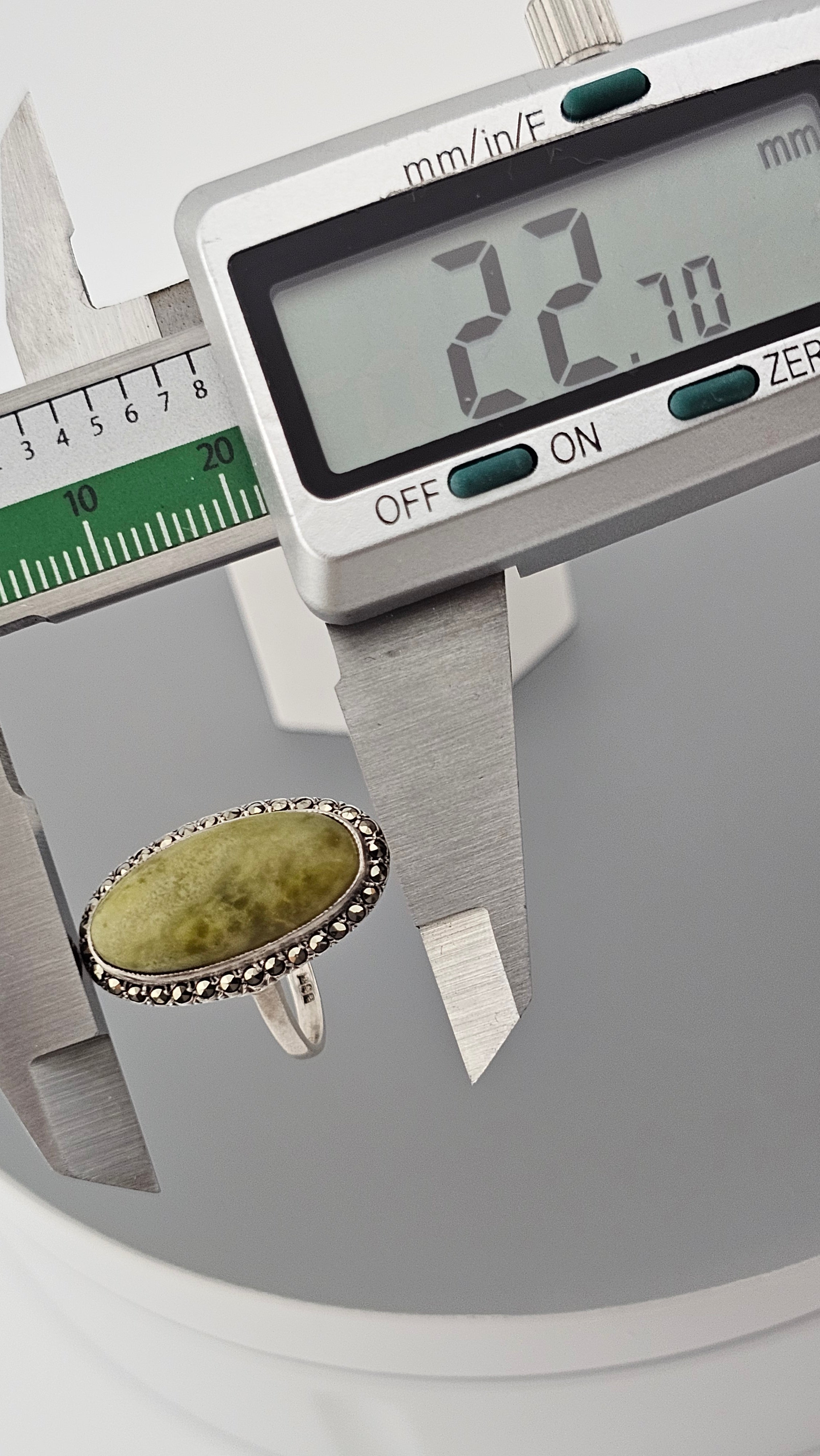 Vintage 1966 Sterling Silver Ring Featuring Connemara Marble and Marcasites , size L