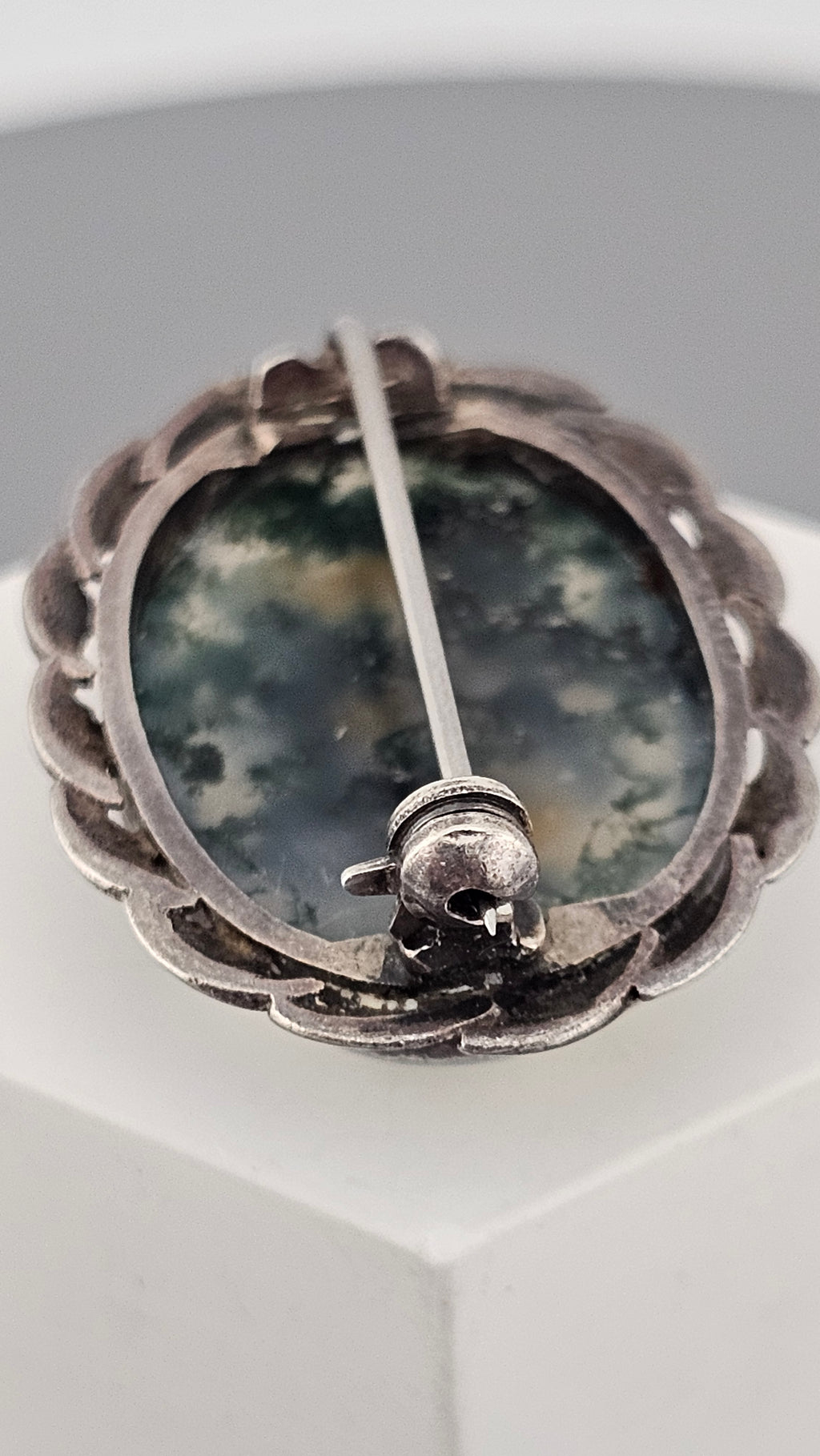 Vintage Sterling Silver Brooch Set with Large ,Oval Moss Agate