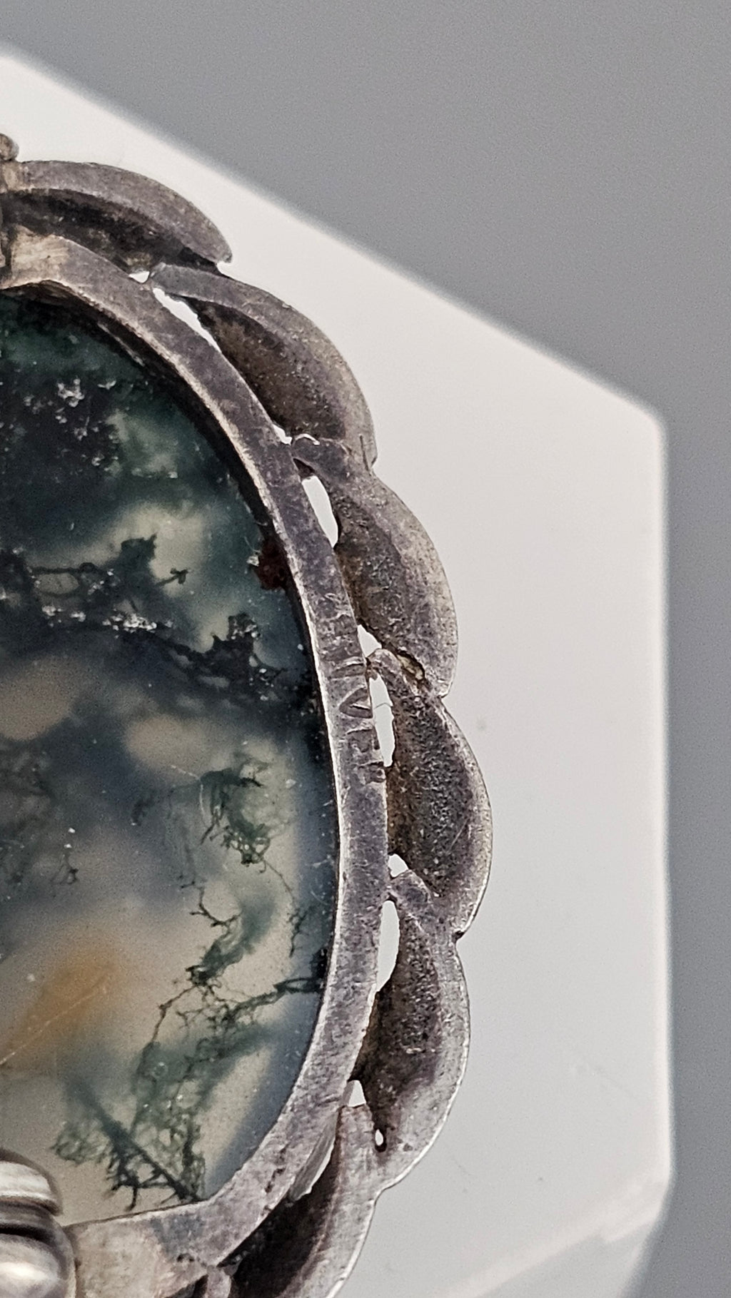 Vintage Sterling Silver Brooch Set with Large ,Oval Moss Agate