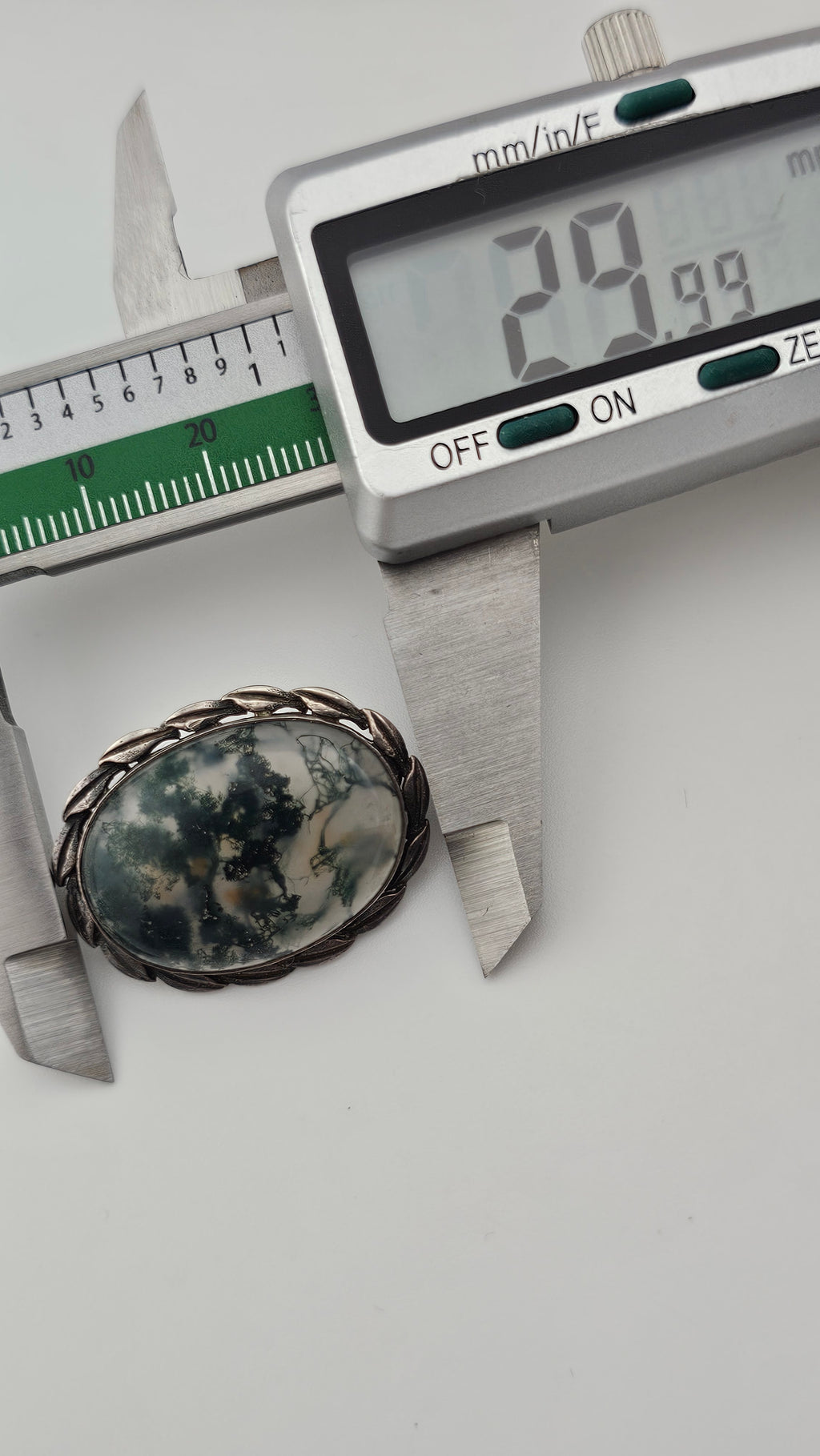 Vintage Sterling Silver Brooch Set with Large ,Oval Moss Agate