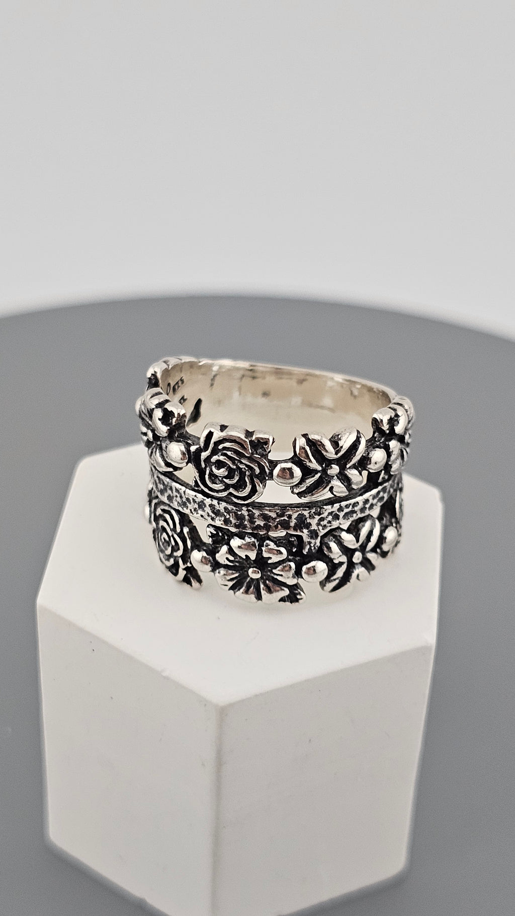 Sterling Silver Wide Band Ring Featuring Floral Cut Out Design, size P 1/2