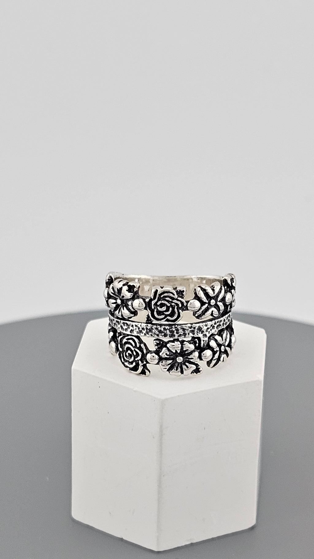 Sterling Silver Wide Band Ring Featuring Floral Cut Out Design, size P 1/2