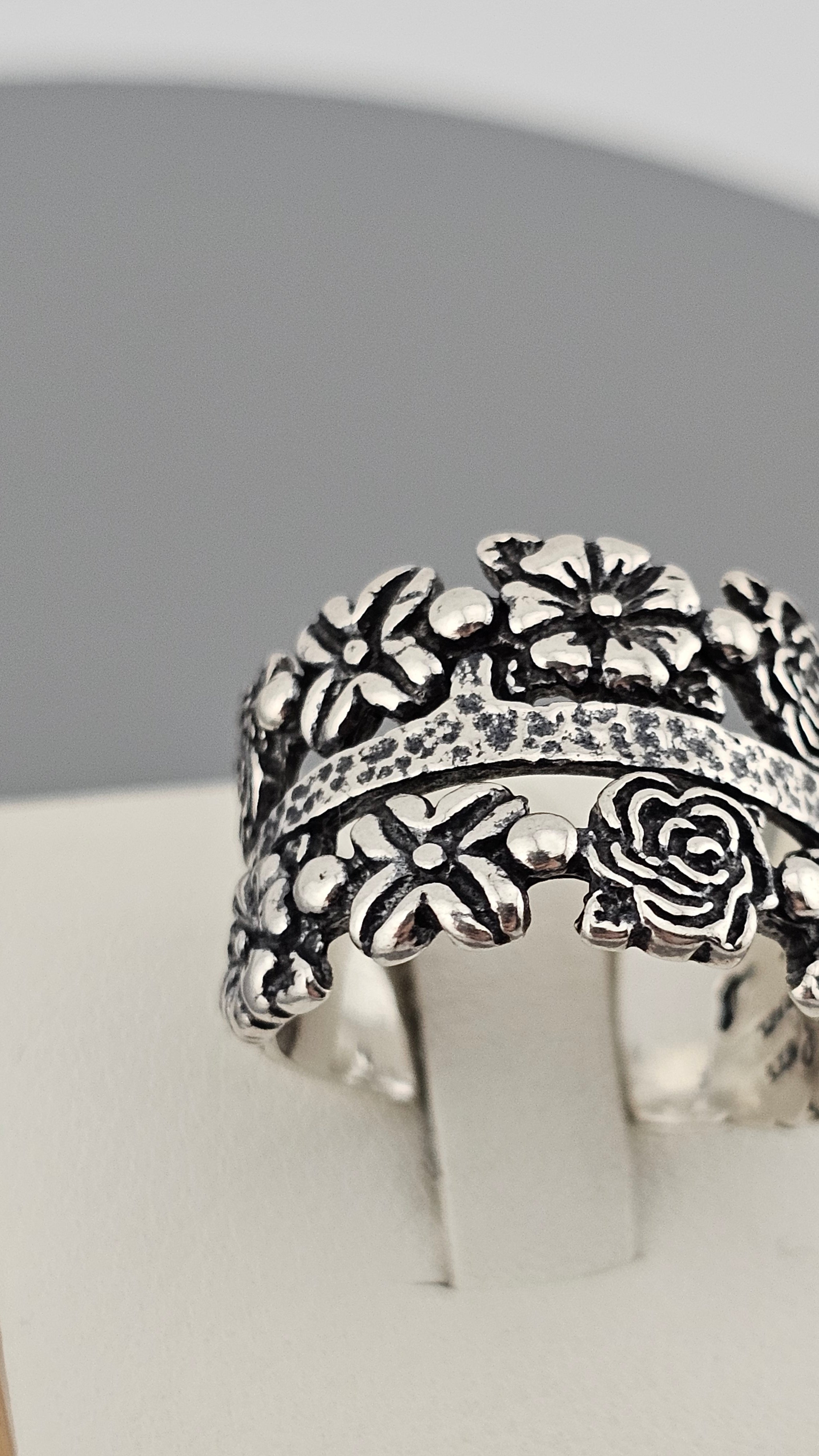 Sterling Silver Wide Band Ring Featuring Floral Cut Out Design, size P 1/2