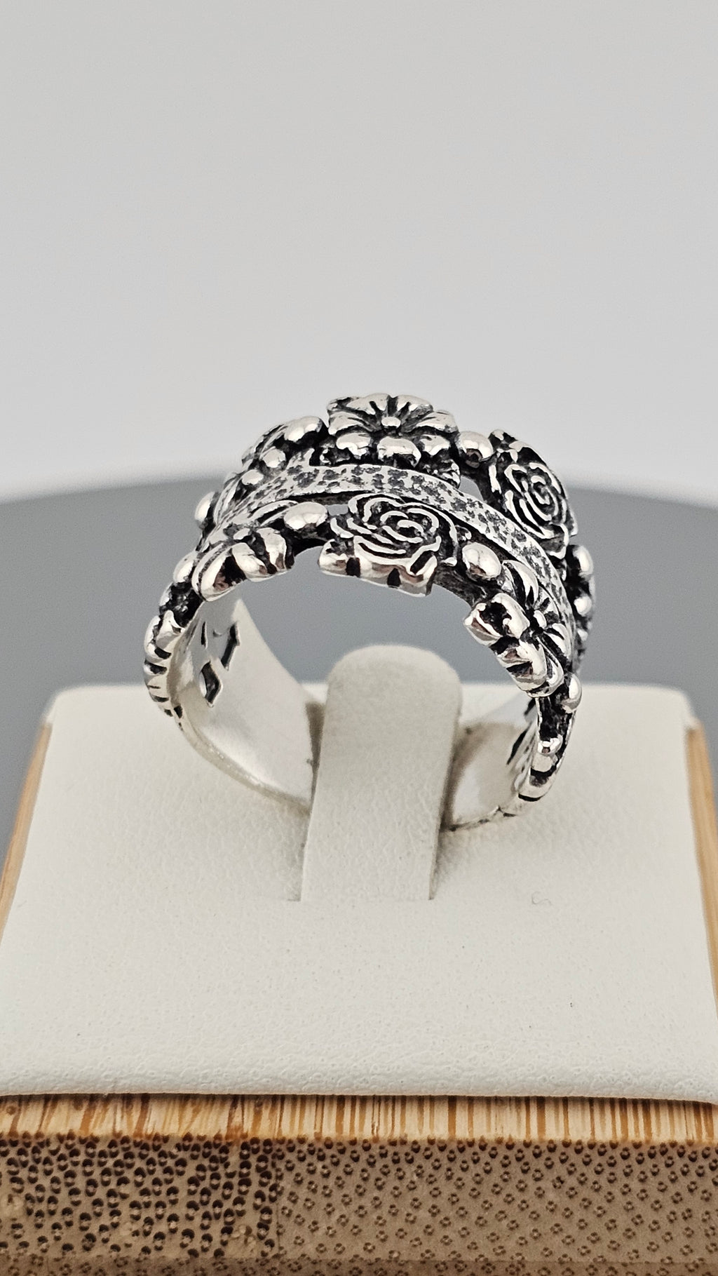 Sterling Silver Wide Band Ring Featuring Floral Cut Out Design, size P 1/2