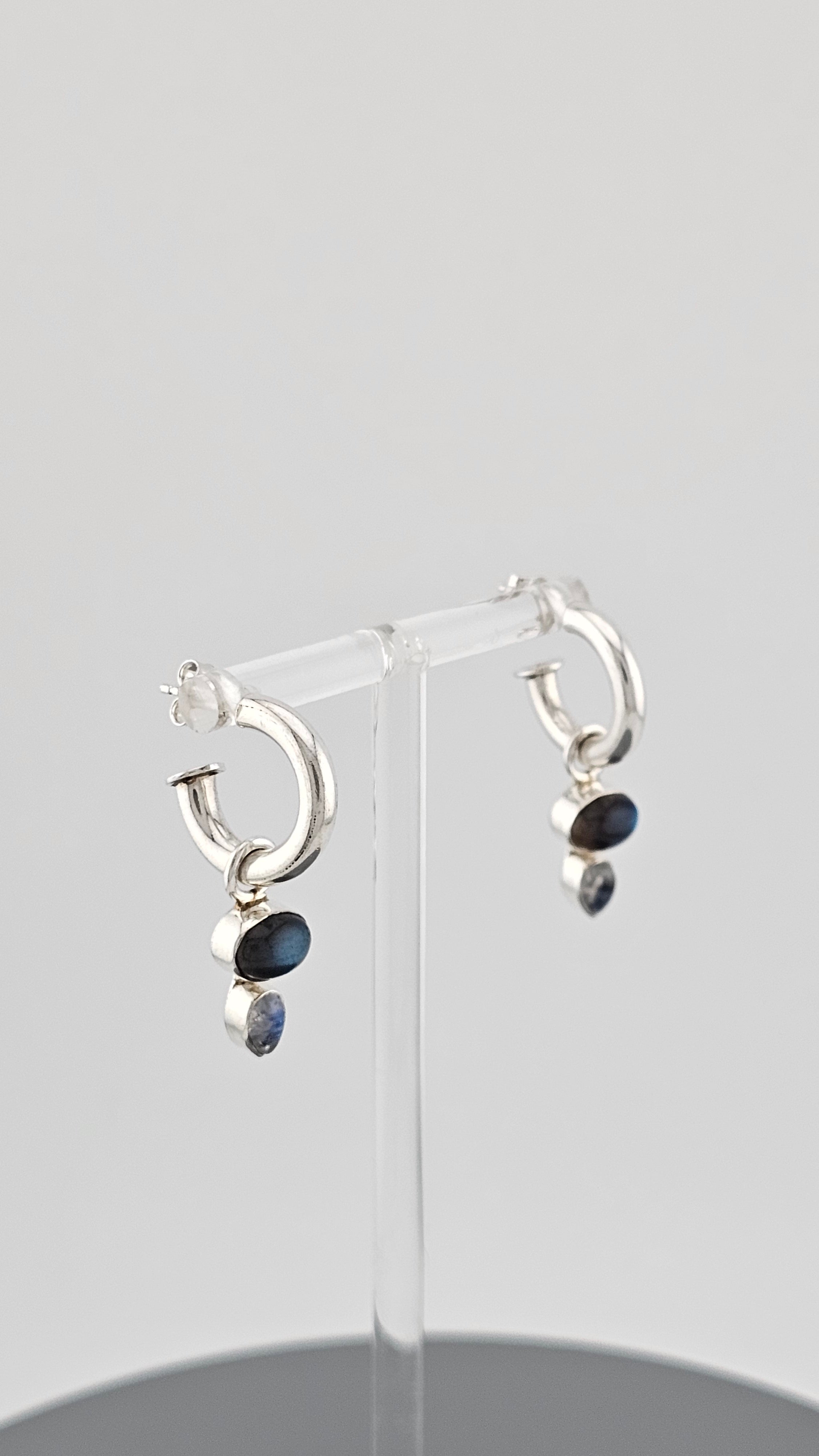 925 Sterling Silver Hoop Earrings Featuring Moonstone and Labradorite Charm