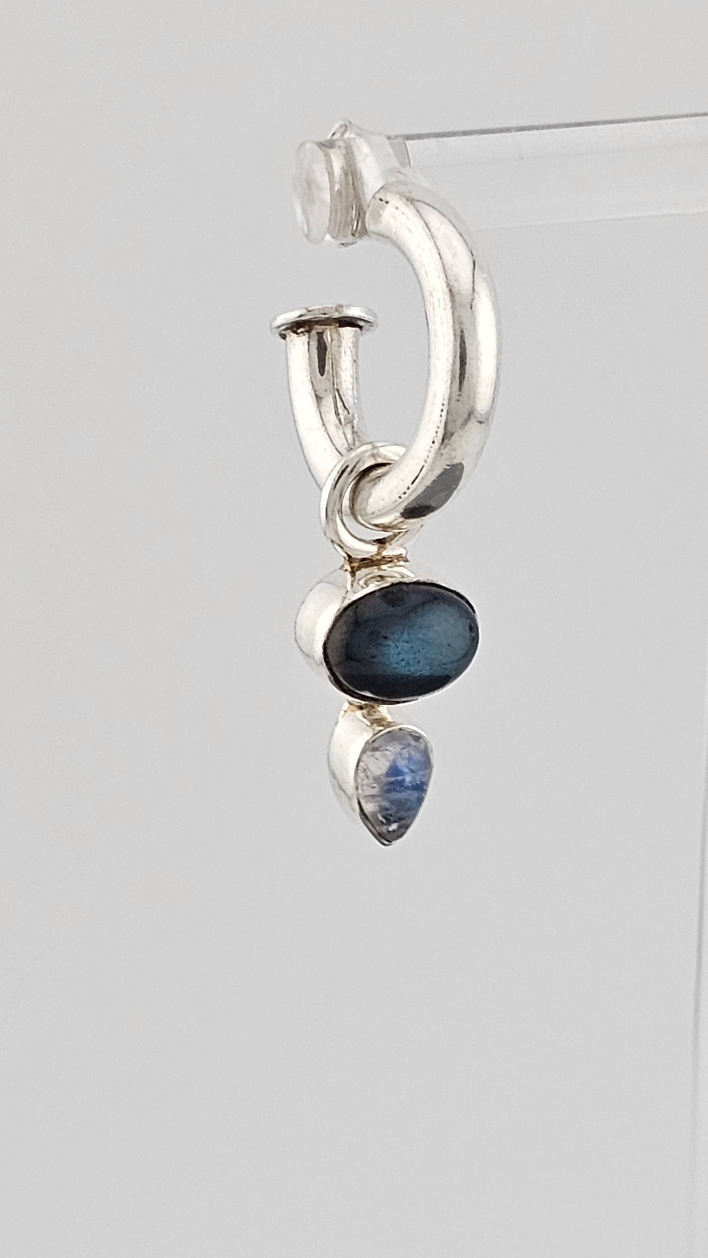 925 Sterling Silver Hoop Earrings Featuring Moonstone and Labradorite Charm