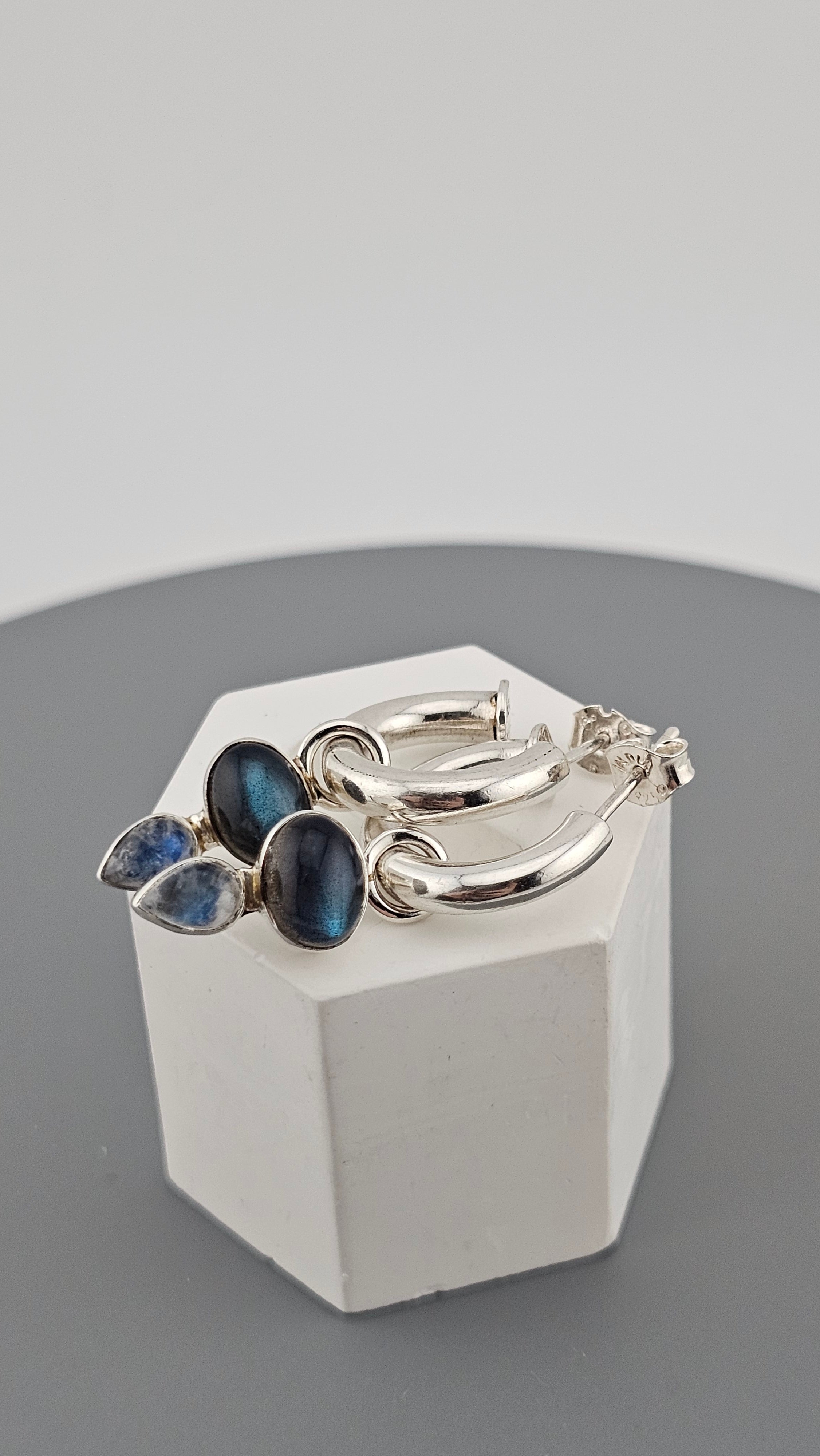 925 Sterling Silver Hoop Earrings Featuring Moonstone and Labradorite Charm