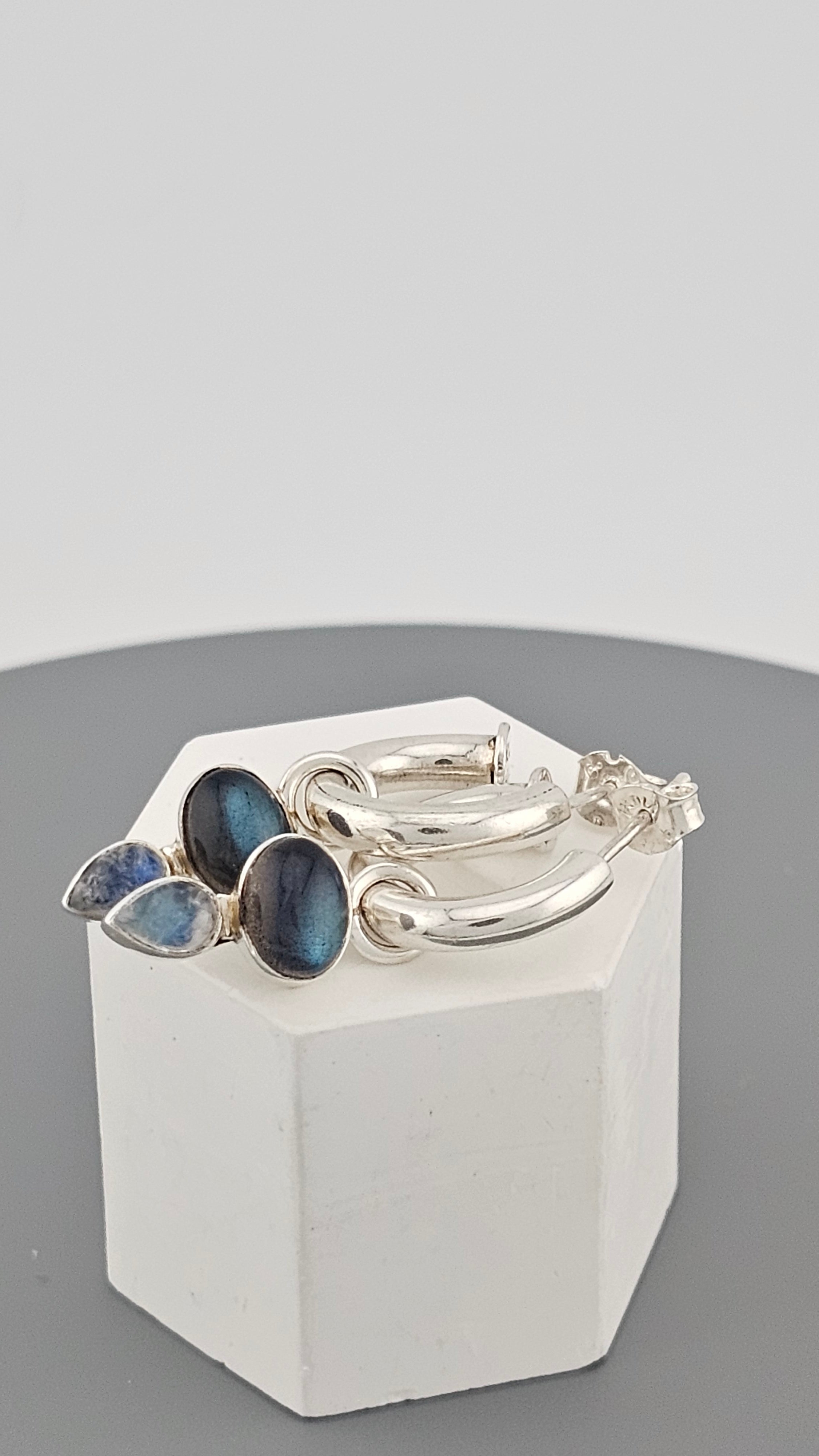 925 Sterling Silver Hoop Earrings Featuring Moonstone and Labradorite Charm