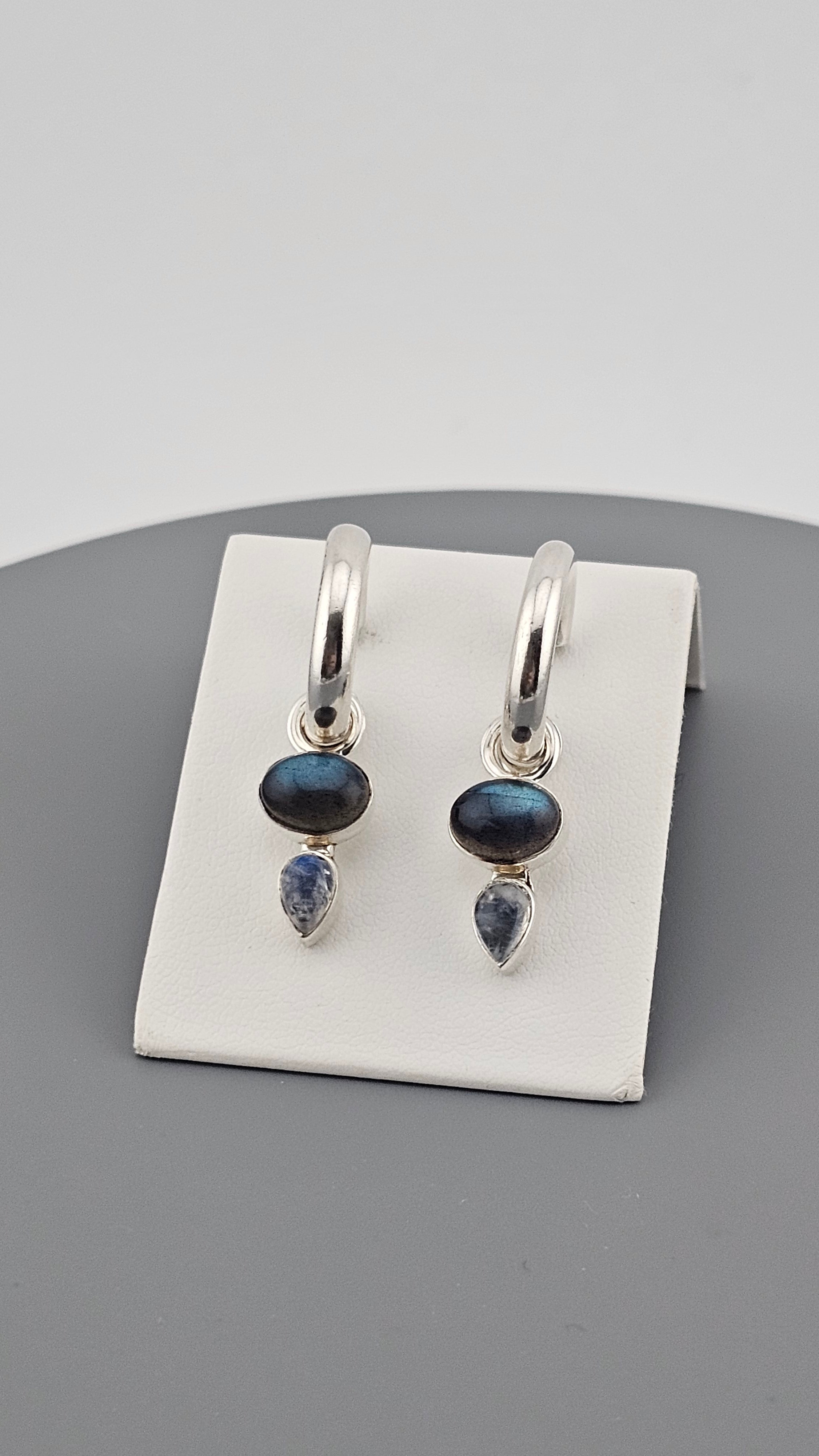925 Sterling Silver Hoop Earrings Featuring Moonstone and Labradorite Charm