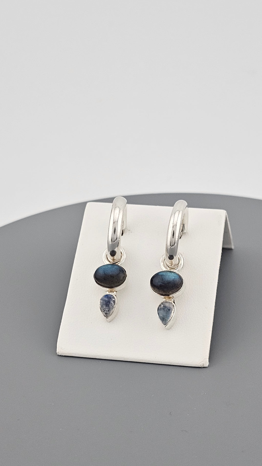 925 Sterling Silver Hoop Earrings Featuring Moonstone and Labradorite Charm