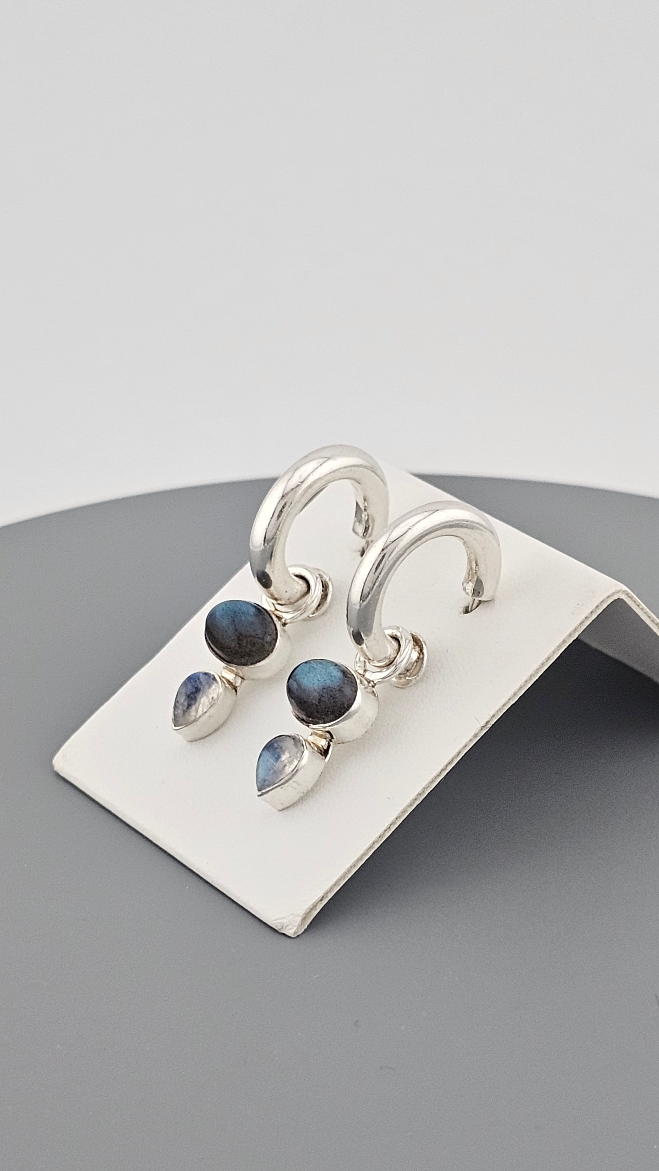 925 Sterling Silver Hoop Earrings Featuring Moonstone and Labradorite Charm