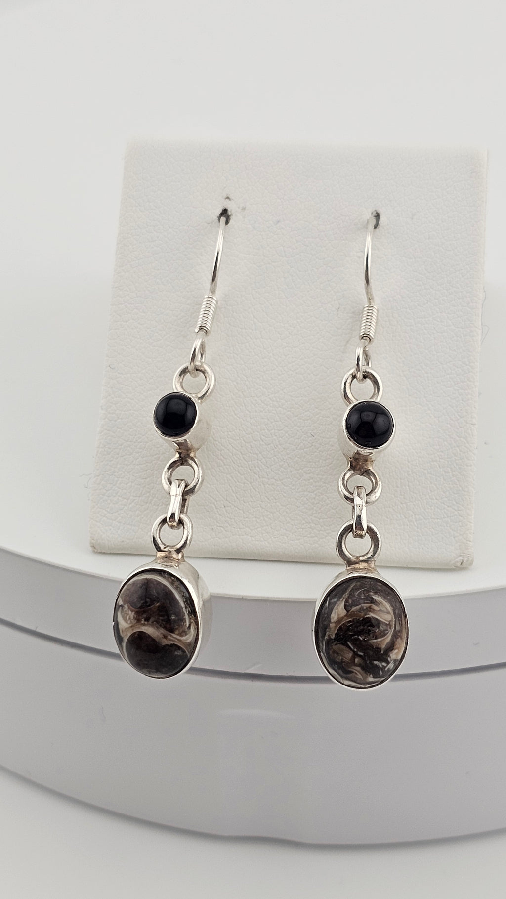 925 Sterling Silver Hook Dangle Earrings set with Black Onyx and Jasper