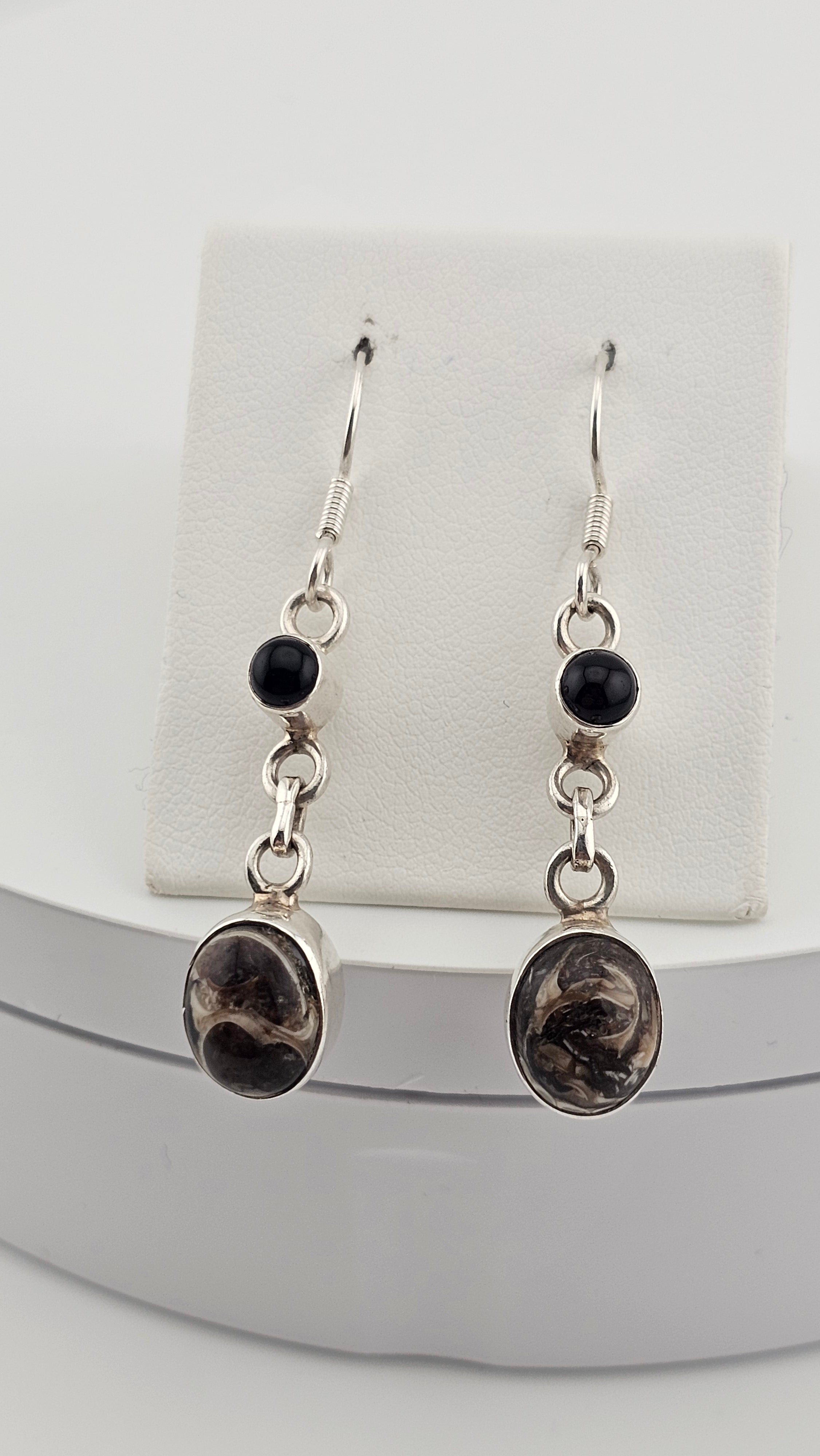 925 Sterling Silver Hook Dangle Earrings set with Black Onyx and Jasper