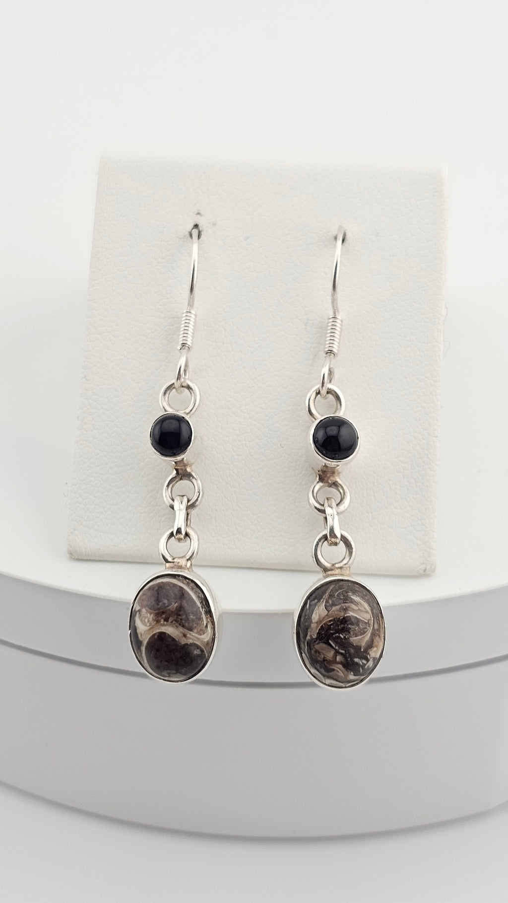 925 Sterling Silver Hook Dangle Earrings set with Black Onyx and Jasper
