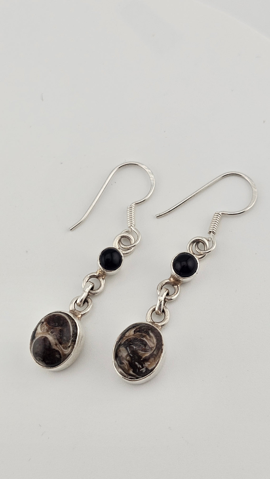 925 Sterling Silver Hook Dangle Earrings set with Black Onyx and Jasper