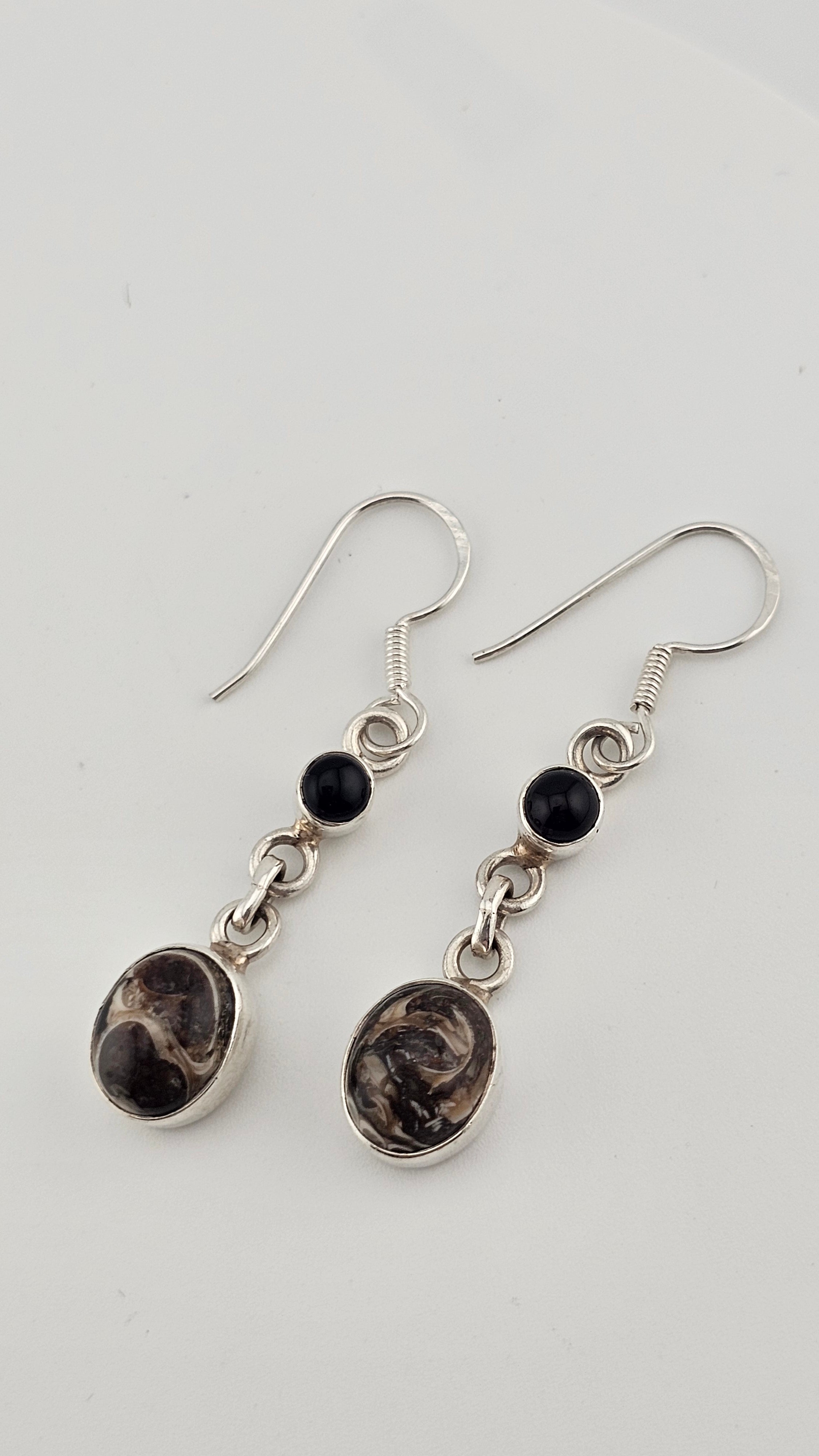 925 Sterling Silver Hook Dangle Earrings set with Black Onyx and Jasper