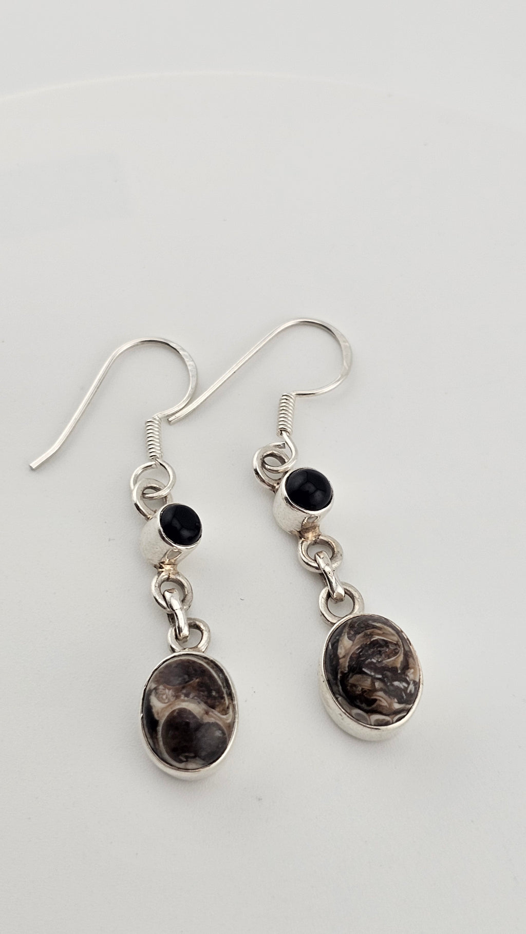 925 Sterling Silver Hook Dangle Earrings set with Black Onyx and Jasper