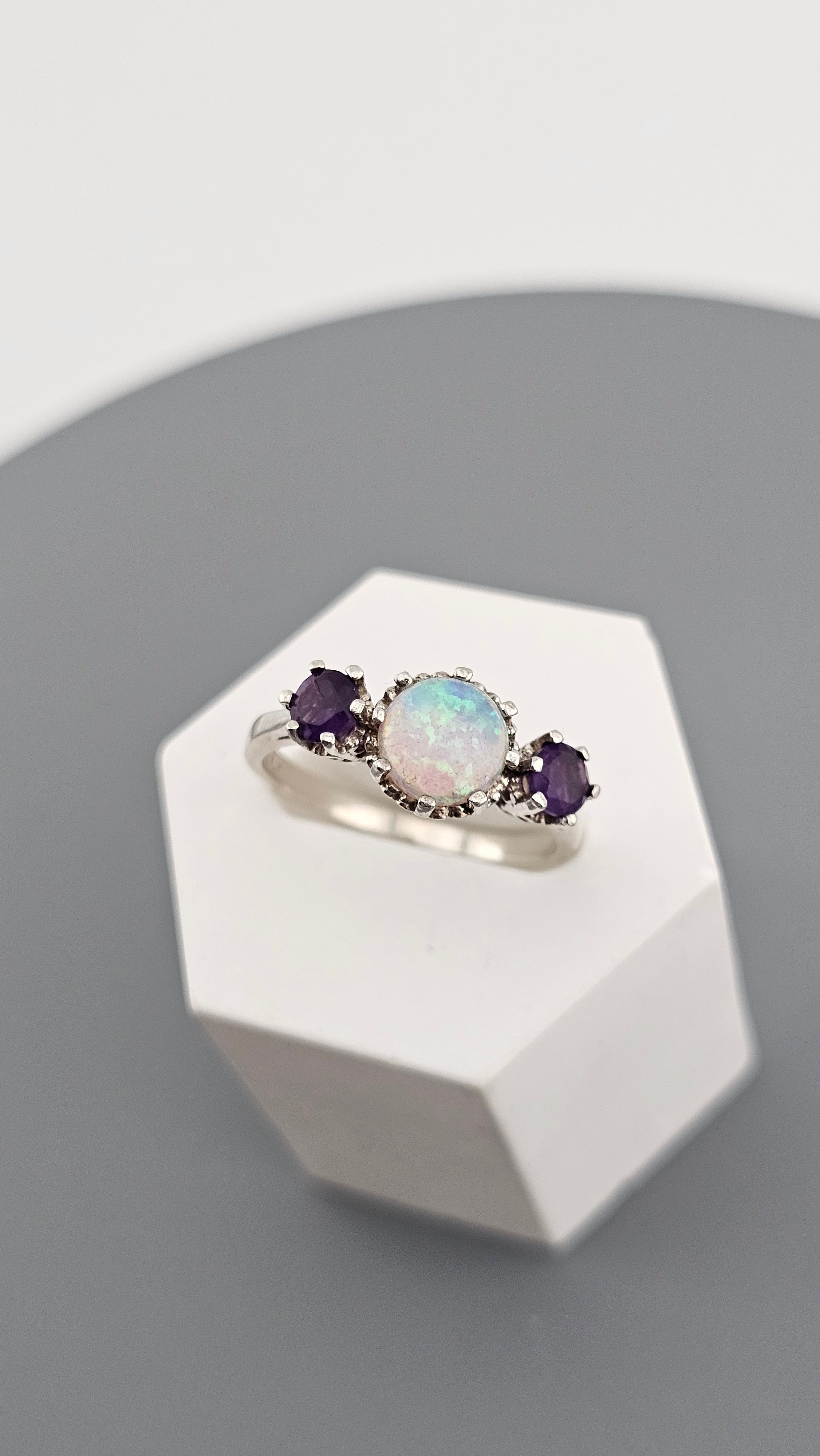 Vintage 925 Sterling Silver Three Ring Featuring Natural Opal and Amethyst