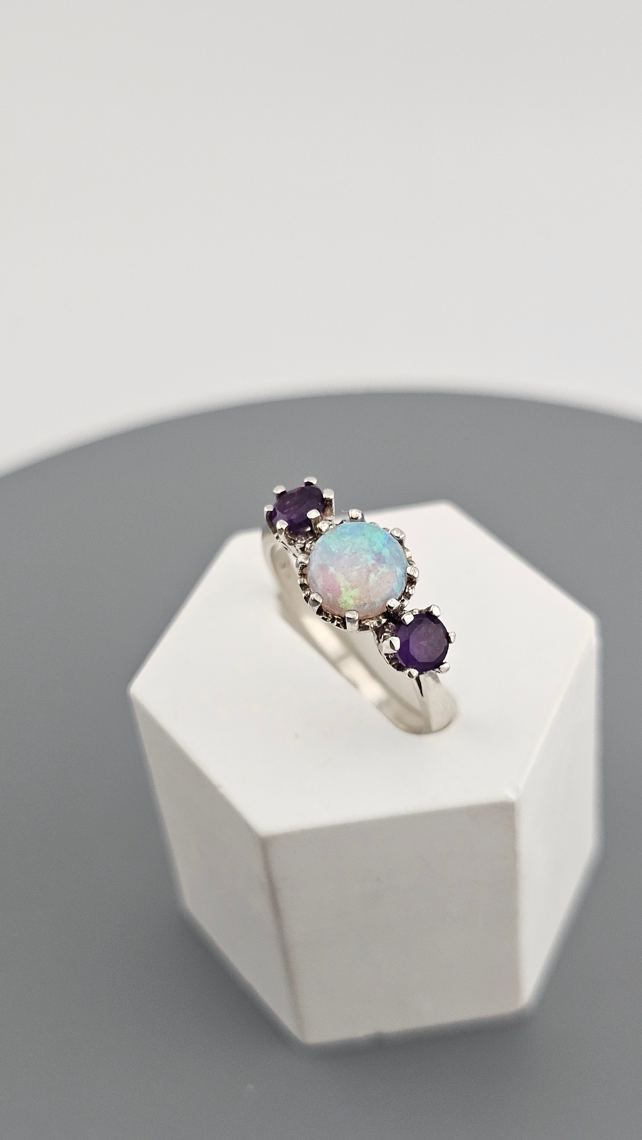 Vintage 925 Sterling Silver Three Ring Featuring Natural Opal and Amethyst