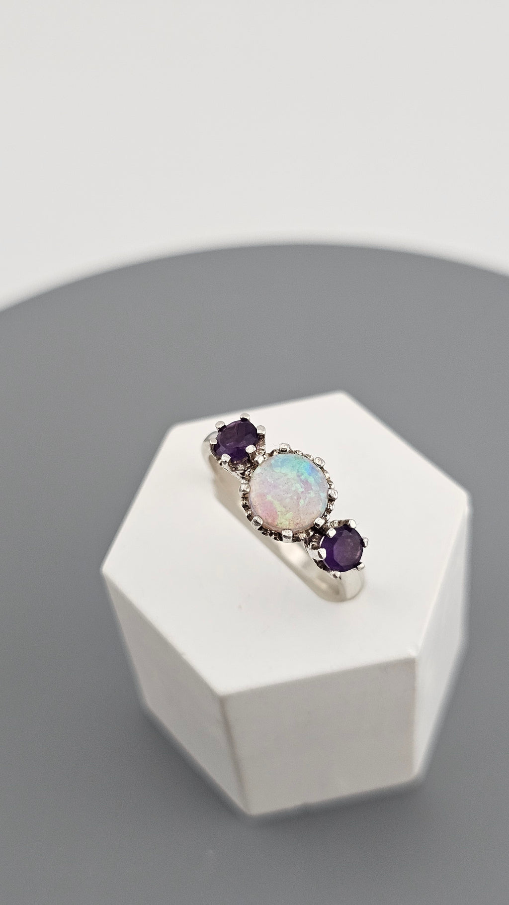 Vintage 925 Sterling Silver Three Ring Featuring Natural Opal and Amethyst