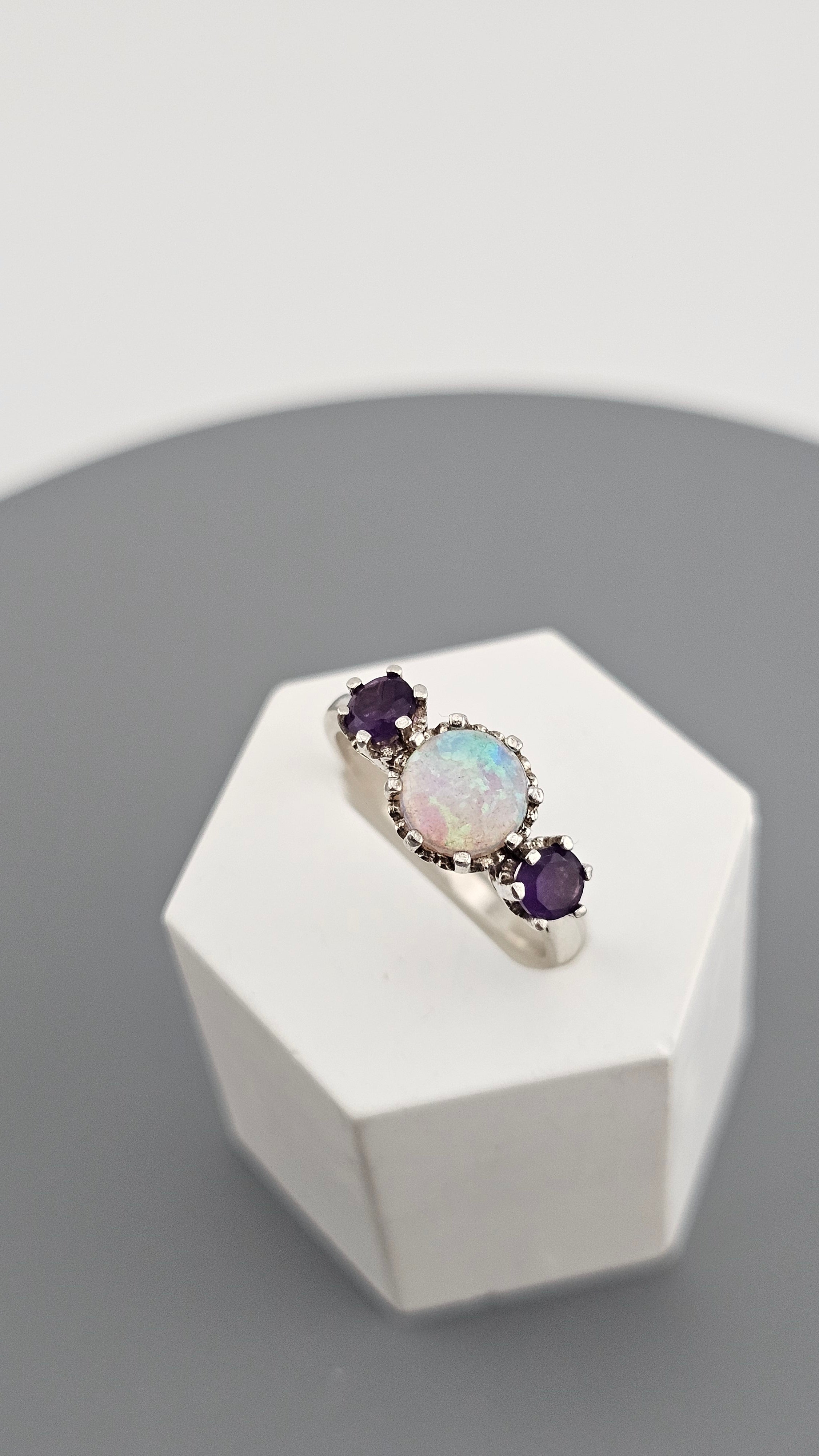 Vintage 925 Sterling Silver Three Ring Featuring Natural Opal and Amethyst