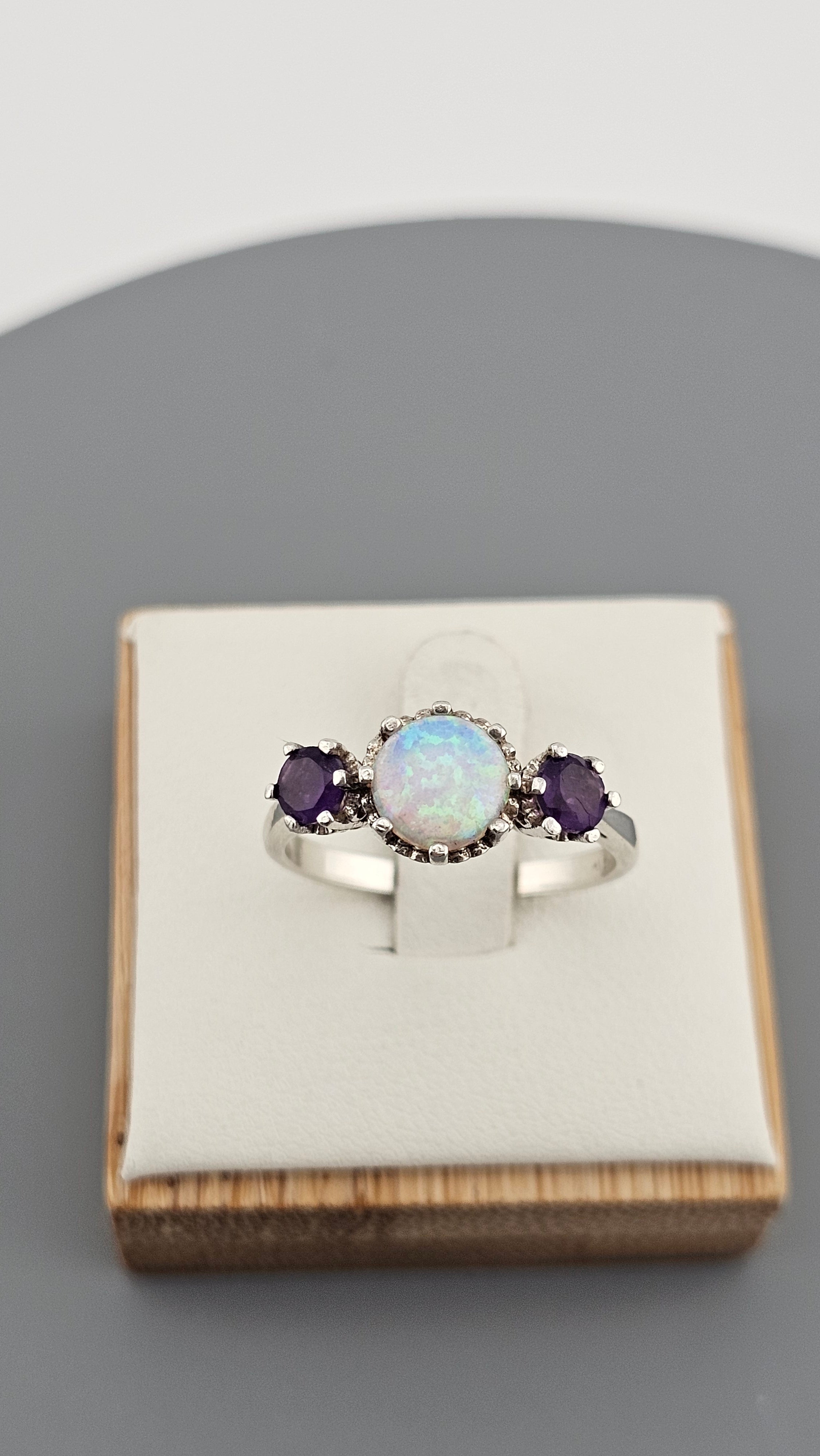 Vintage 925 Sterling Silver Three Ring Featuring Natural Opal and Amethyst