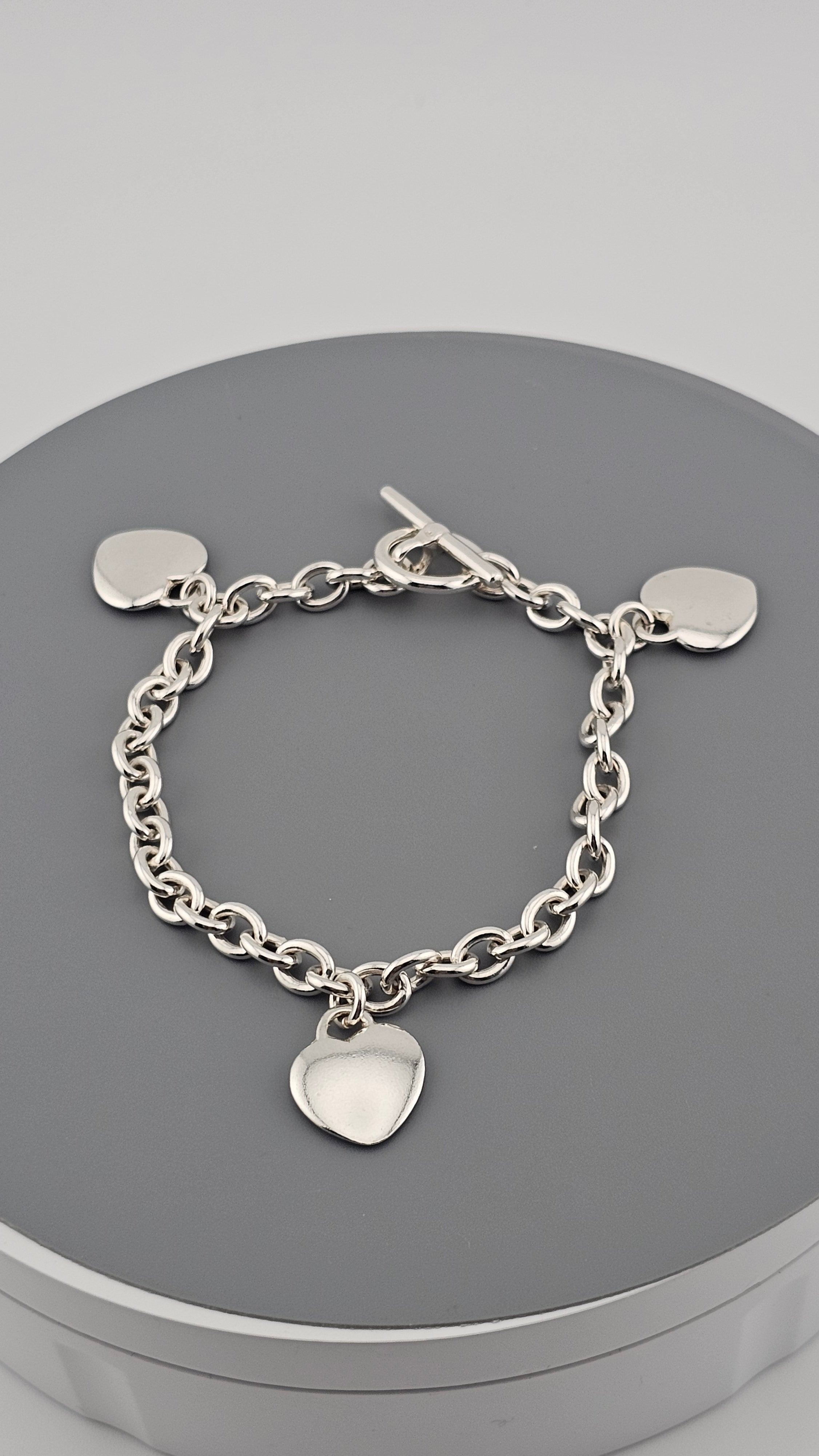925 Sterling Silver T Bar Heart Charm Chain Bracelet