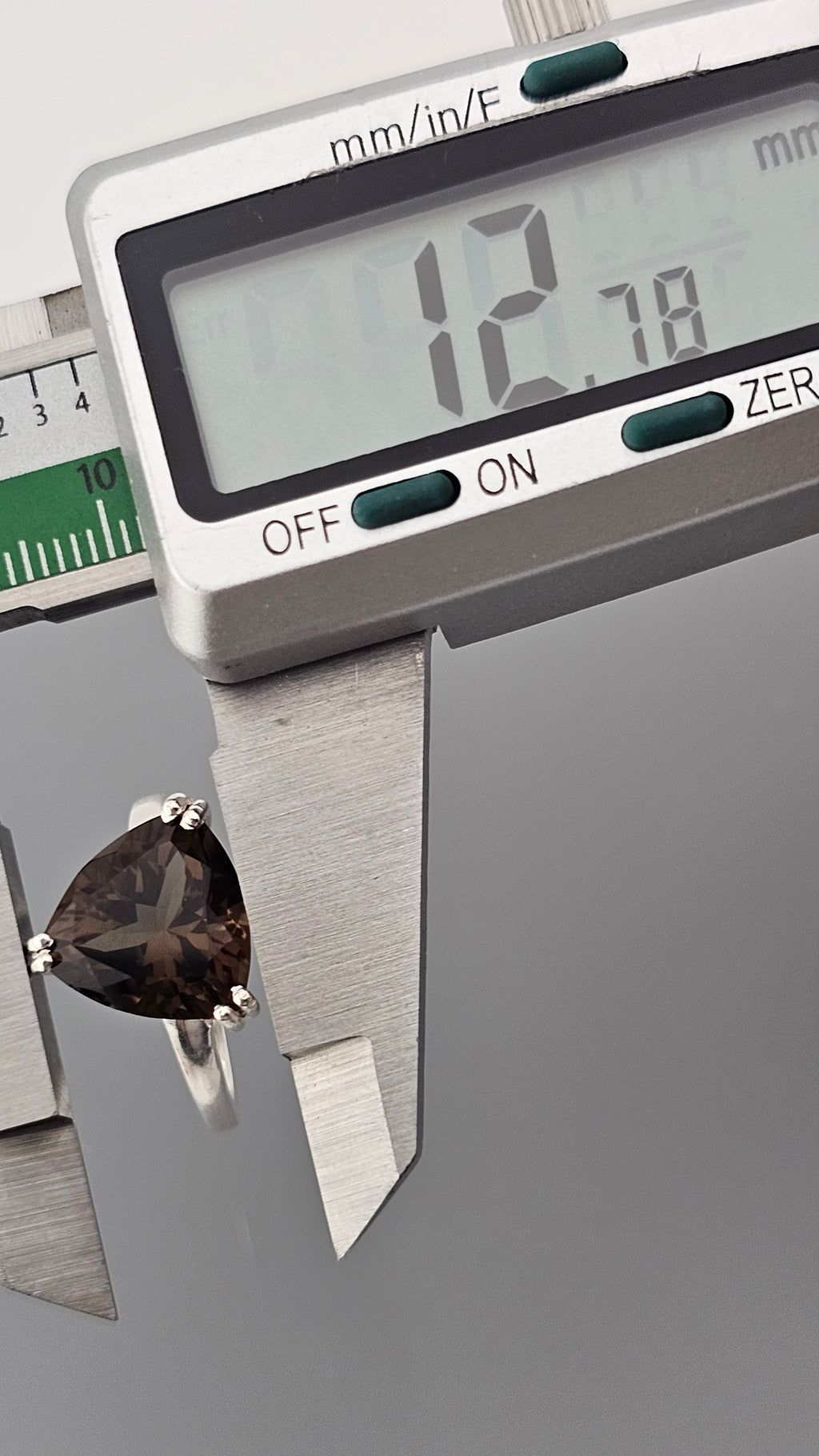 925 Sterling Silver Solitaire Ring Featuring Trillion cut Smokey Quartz, size O 1/2