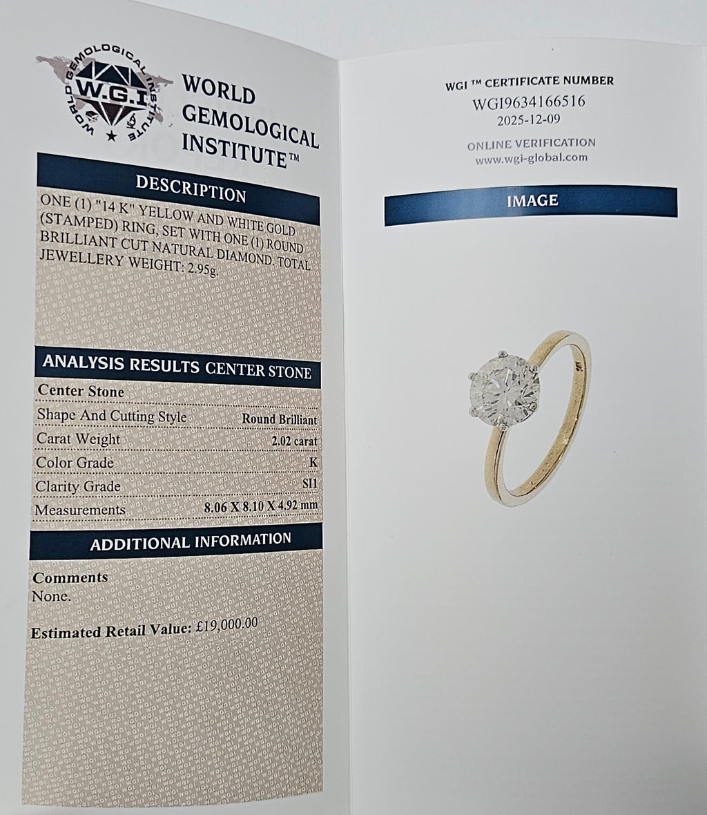 14ct Yellow Gold Solitaire Ring Set With 2.02ct Brilliant Cut Natural Diamond, Size Q