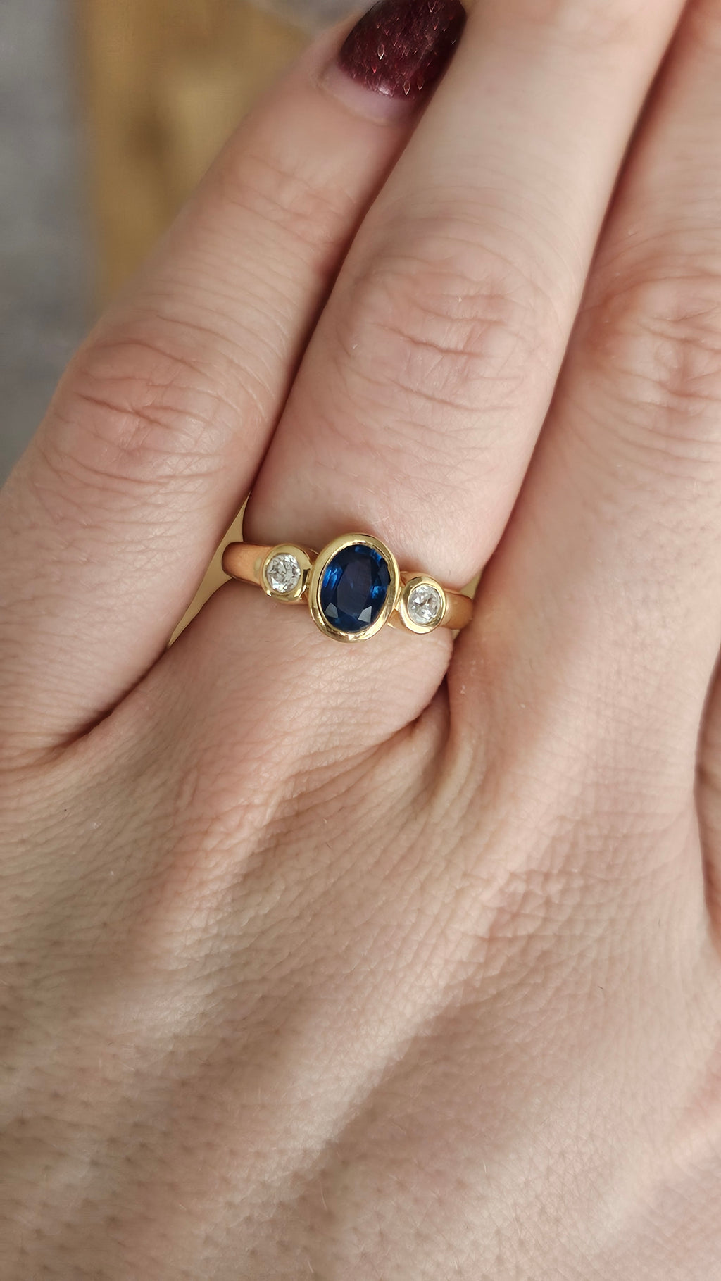 Bezel set 0.85ct Natural Sapphire and 0.20ct Natural Diamonds in 18ct Yellow Gold ring